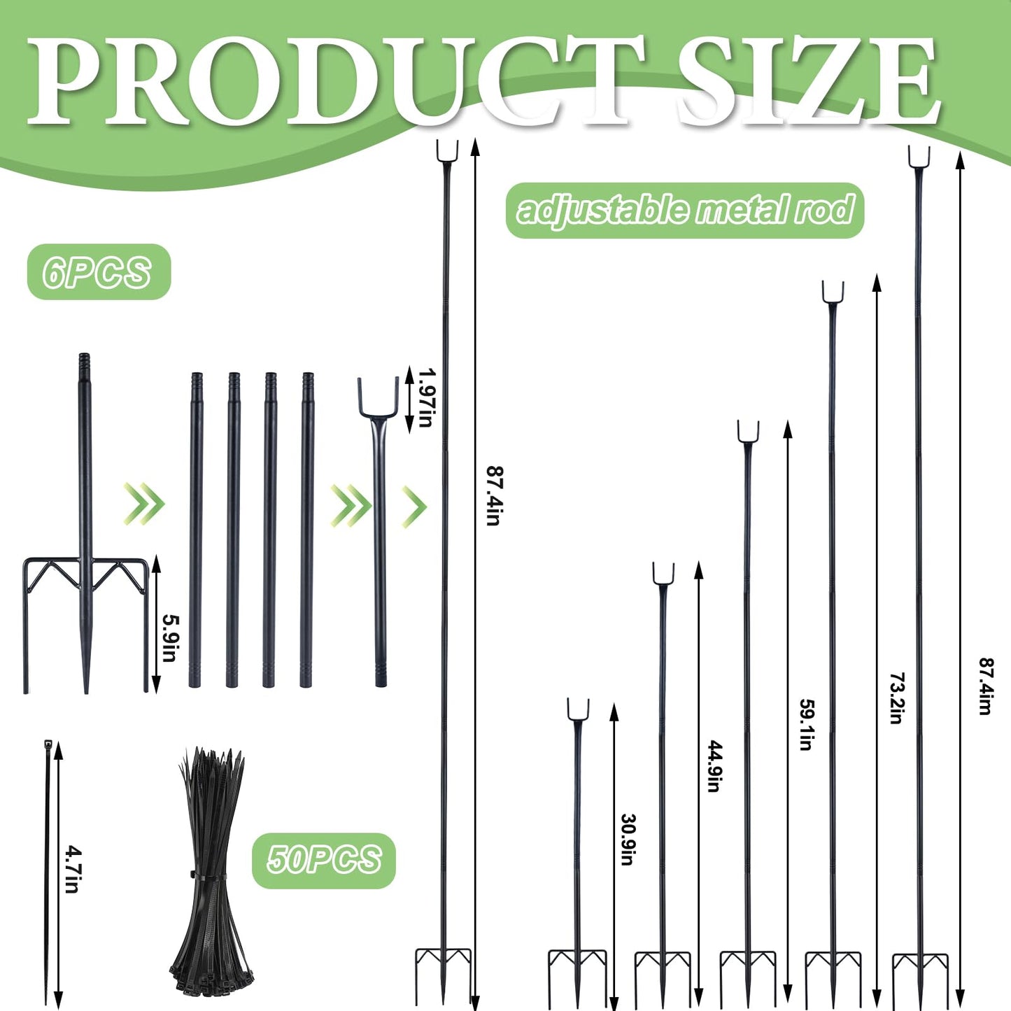 6 Pack 7.2ft Metal Garden Netting Support Stakes, Heavy Duty Garden Netting Pole with 50 Tie Rustproof Gardening Fence Stake Crop Cage Protection Post Frame for Support Fruits Garden Bed Plant Net
