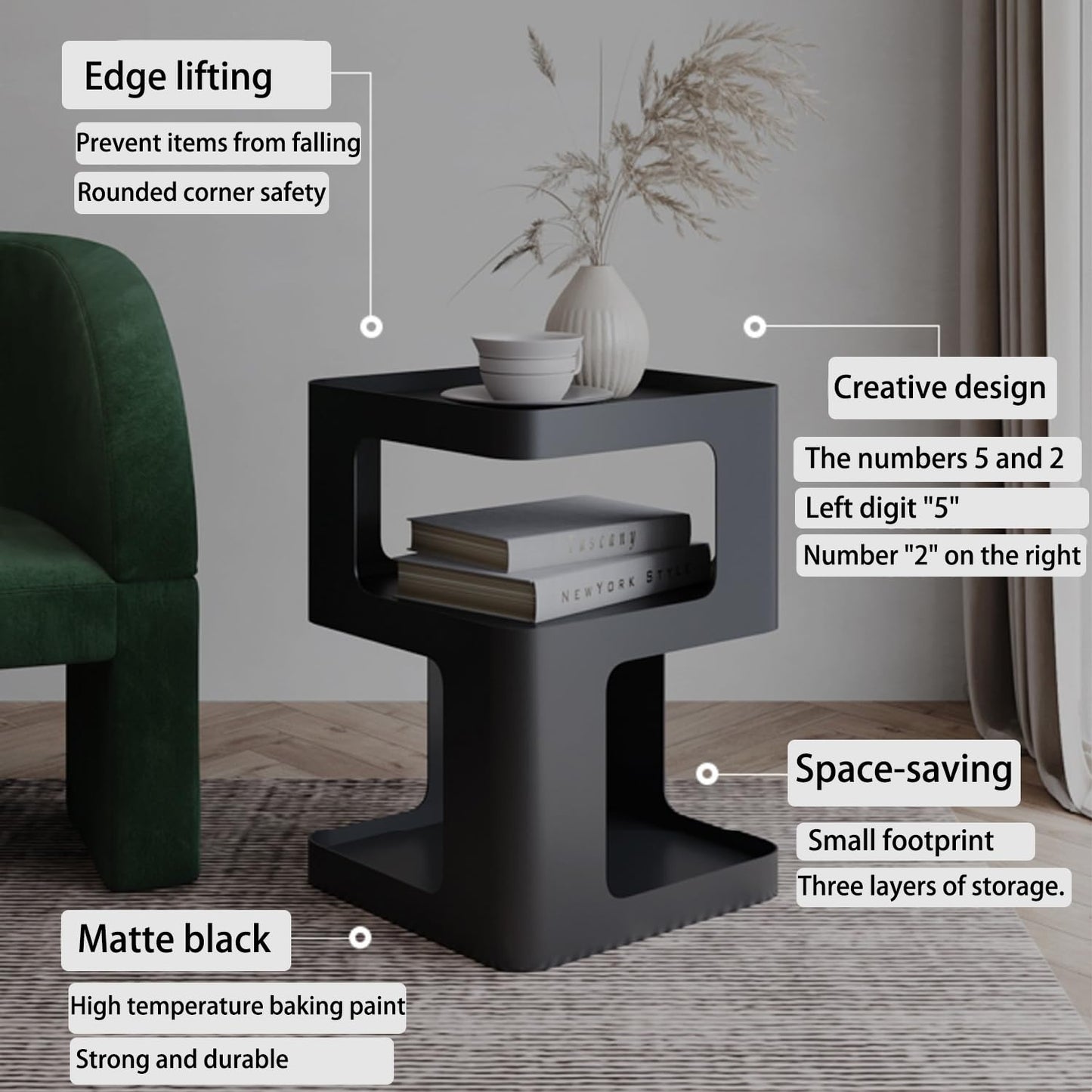 BUZUEY Modern Metal Side Table with Storage,Small End Table for Sofa & Couch,3-Tier Compact Nightstand for Small Spaces,Black Bedside Tables for Living Room & Bedroom,No Assembly Required