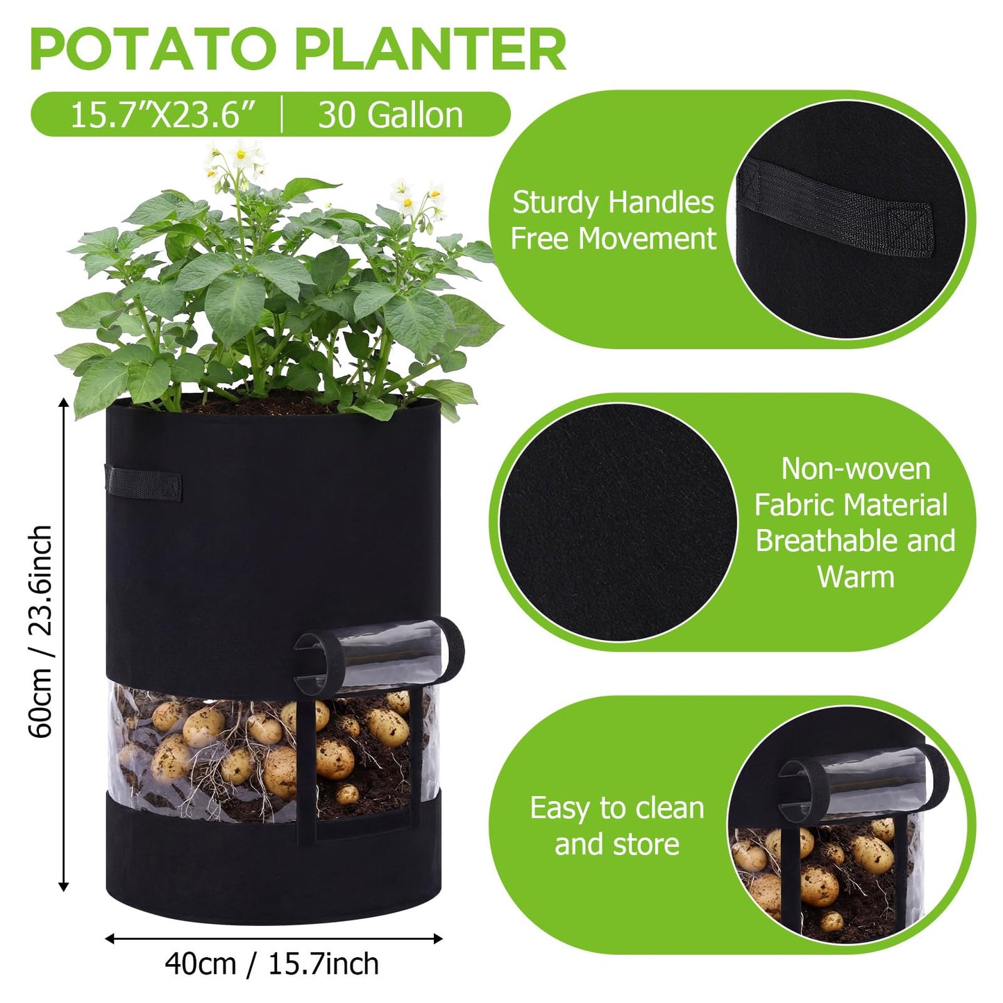 Baderke 2 Pack Visible Potato Grow Bags with Harvest Window, 360 Visibility Plant Grow Bags with Handles for Planting Potatoes, Tomatoes and Vegetables (30 Gallon,Black)