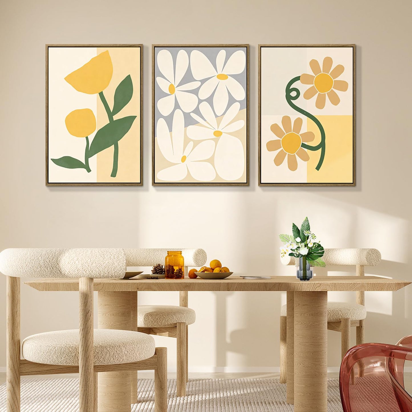 3Pcs Large Framed Botanical Canvas Wall Art, Modern Neutral Plant Abstract Canvas Prints, Minimalist Nature Wall Decor, Large Wall Art for Living Room Bedroom Office Farmhouse Decor 16 * 24in