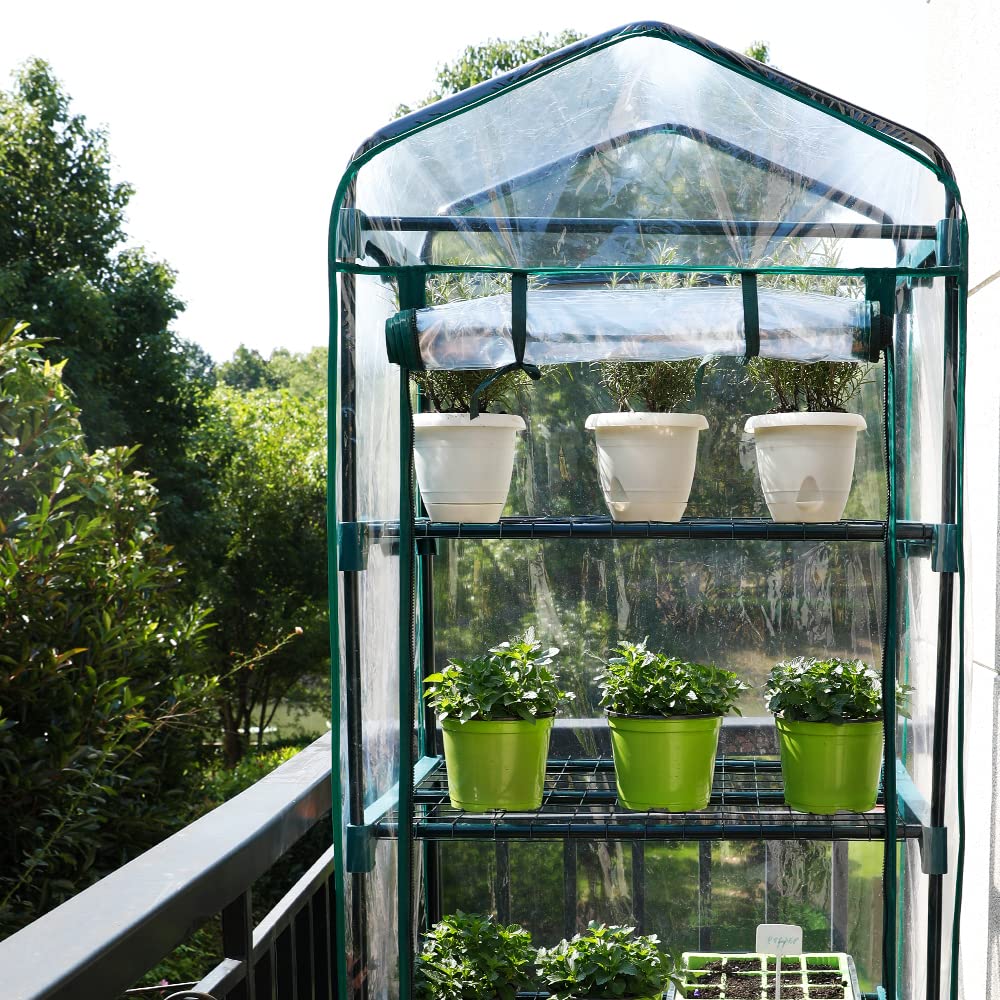Worth Garden Upgraded 5-Tier Mini Greenhouse with Castors Wheels - Portable Small Gardening Green House with PVC Cover - Heavy Duty Swivel Castors with Brakes - 76''H x 27''L x 19''W Indoor & Outdoor