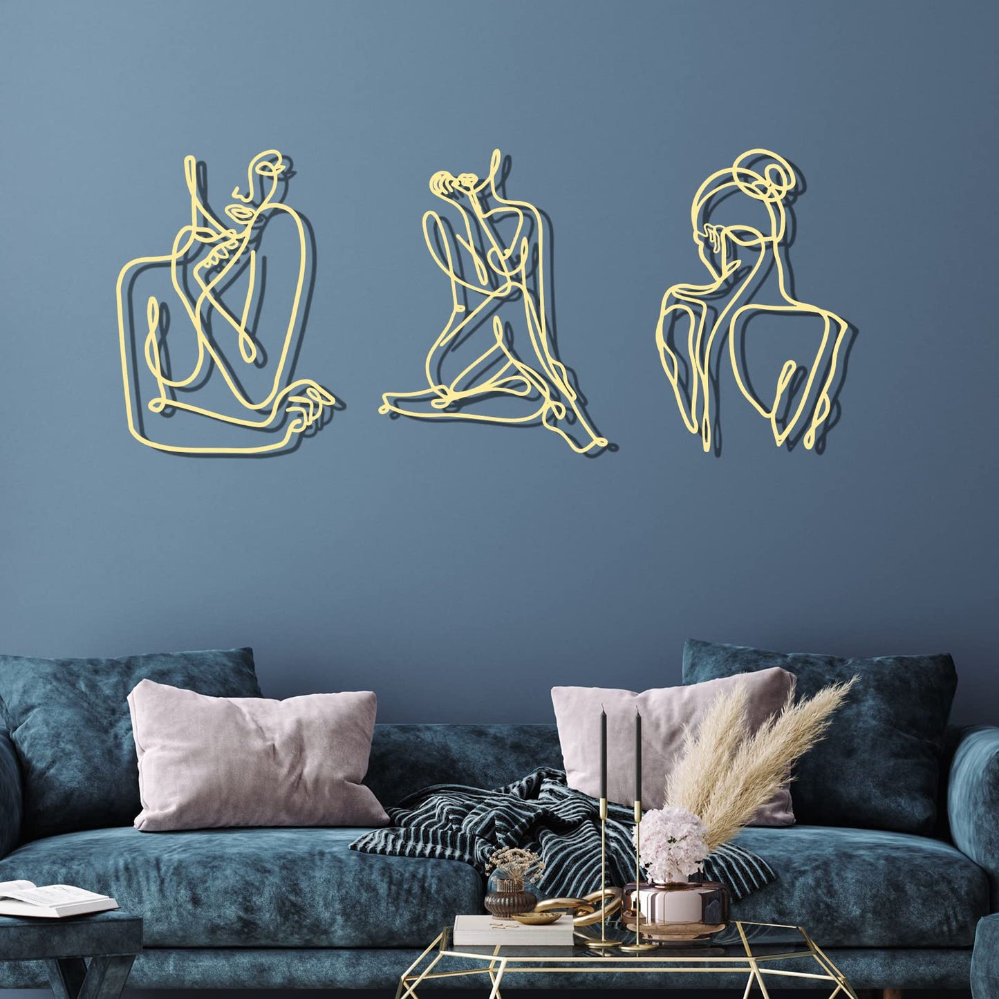 Photect 3 Pcs Metal Wall Art Decor Minimalist Abstract Woman Wall Art Metal Modern Line Drawing Decor Female Single Line Home Hanging for Bedroom Bathroom Living Room Housewarming(Elegant,Gold)