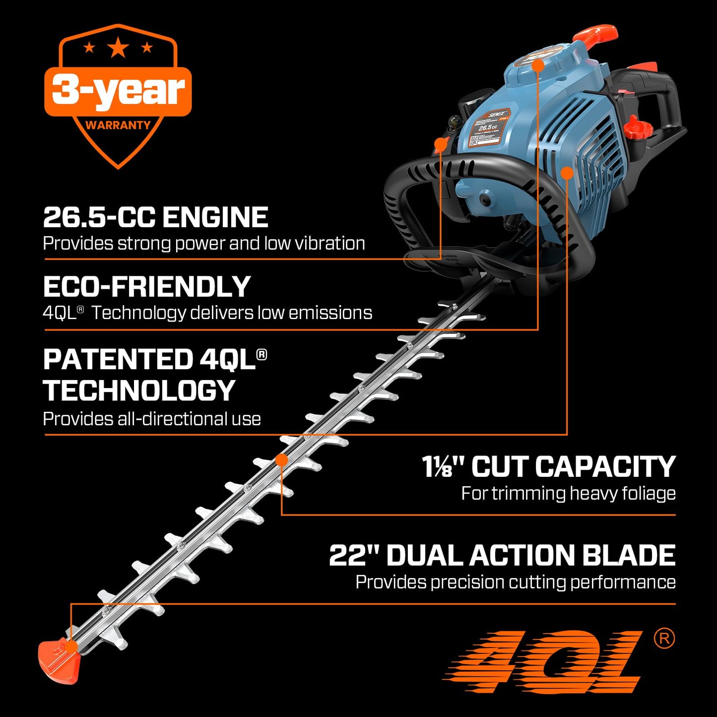 SENIX 4QL 26.5 cc 4 Cycle 22-Inch Gas Hedge Trimmer, Garden Tool to Trim Shrubs,Bushes,and More,Double Sided Dual Action Blades,1-1/8" Cutting Capacity,Includes Blade Cover(HT4QL-L)