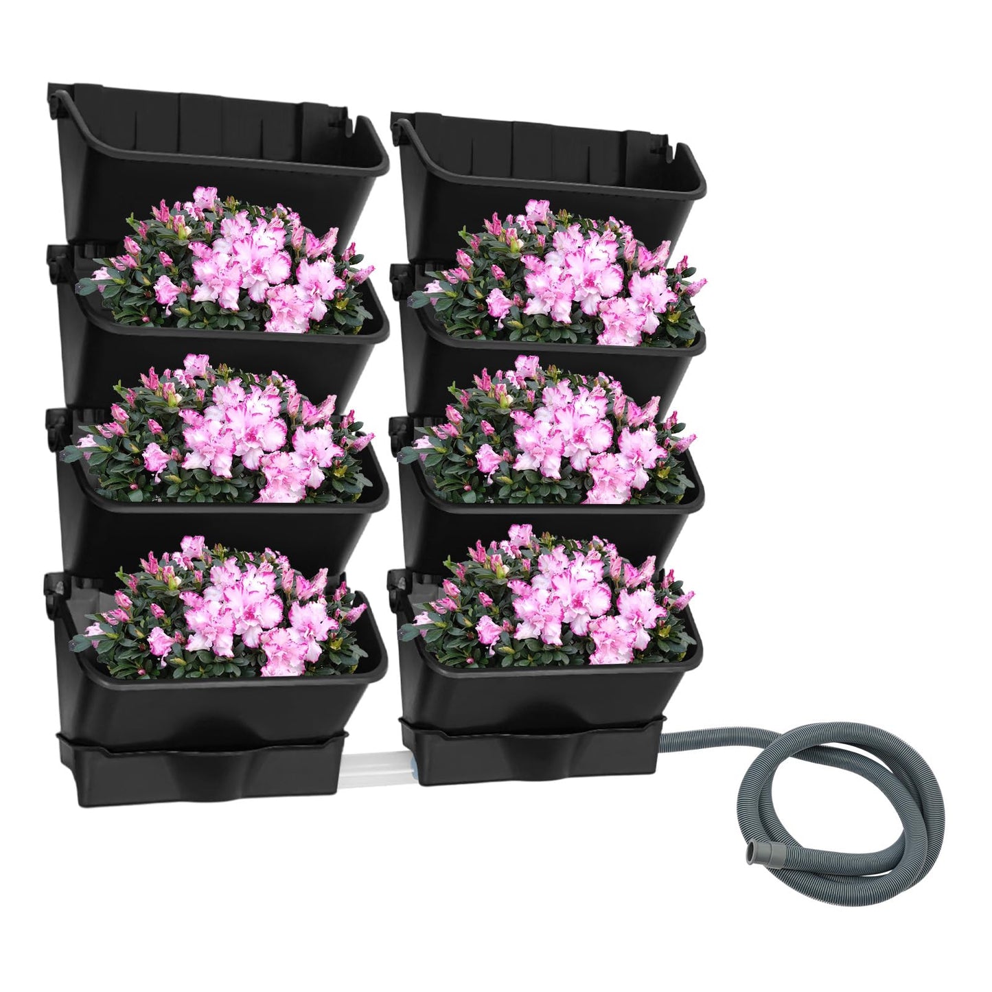 kunghei Vertical Wall Planter for Indoor Plant-Walls Mounted Pot with 2 Drainage Tray 8 Pack, with 6.56ft Drainage Pipe for Decor, Plastic Pots Balcony Planters, Plants Hanging (8, Black)