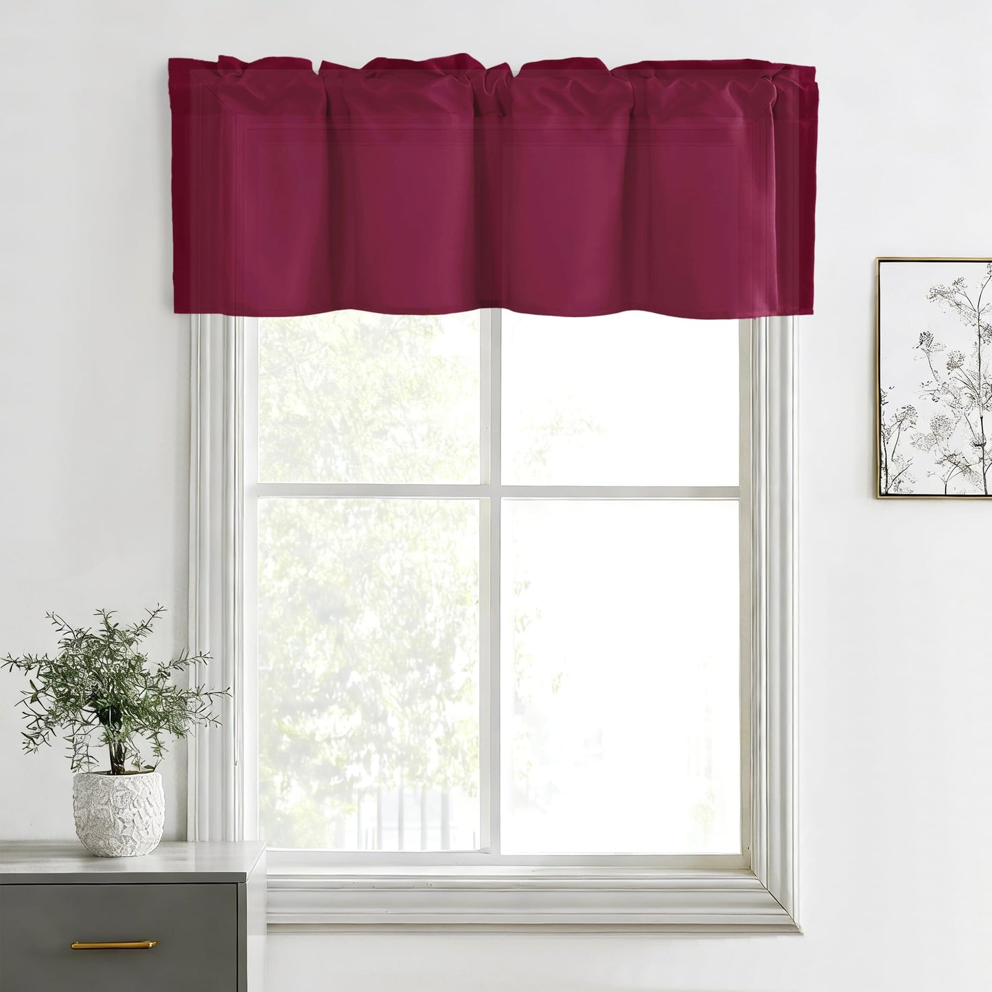 Hiasan Valance Curtains for Kitchen, Living Room, Basement, and Bathroom Windows, Small Window, Farmhouse Solid Short Topper, Short Rod Pocket Curtain Panels - 52 x 18 Inches, Wine Red, 1 Panel
