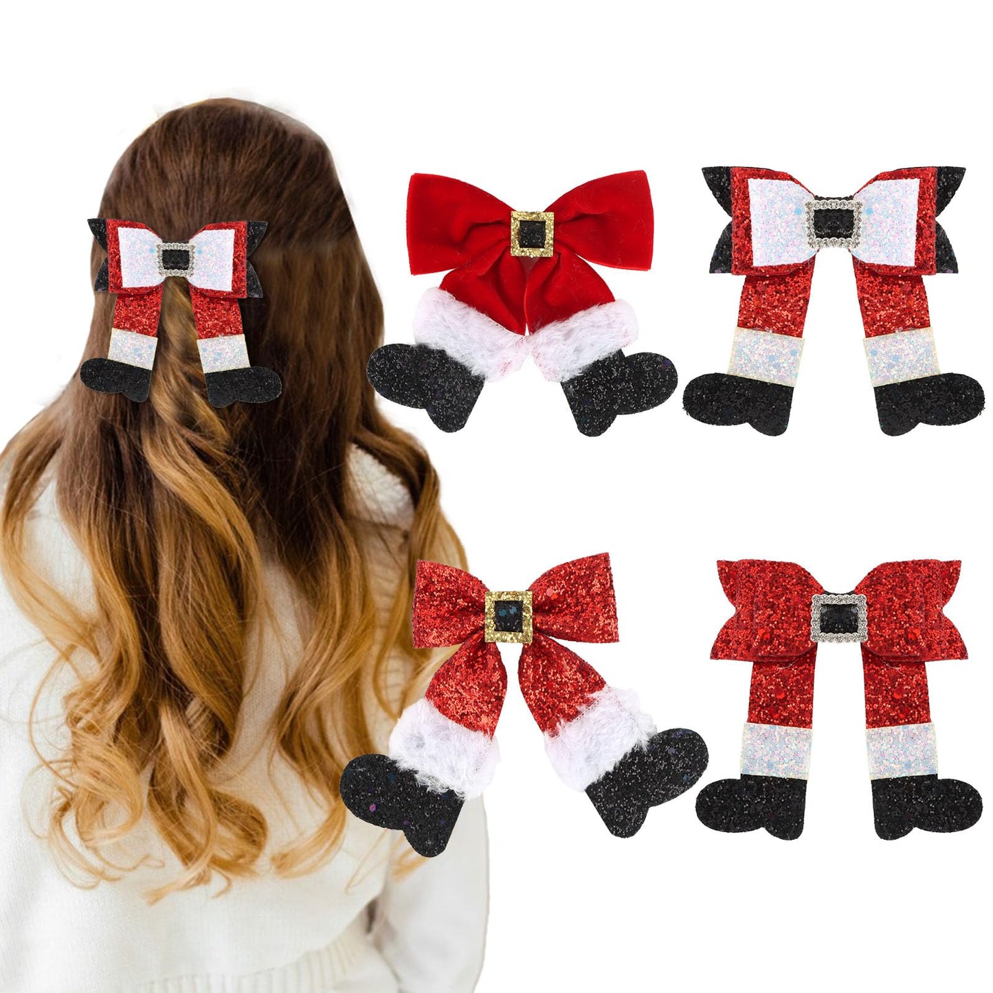 Semato 4 Pcs Christmas Hair Clips for Women and Girls Glitter Sequins Christmas Bow Clips Xmas Red and Green Glitter Hair Accessories Xmas Party Gifts for Women