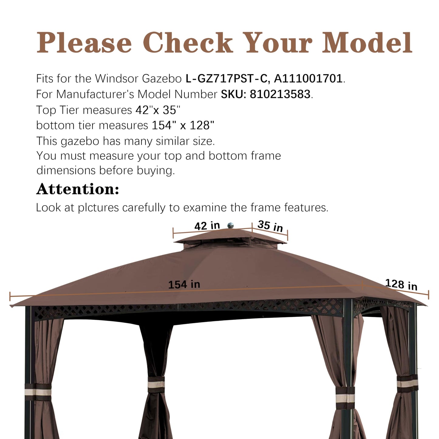 SCOCANOPY Replacement Canopy Cover Compatible with Windsor Gazebo L-GZ717PST-C, 810213583,(Brown)