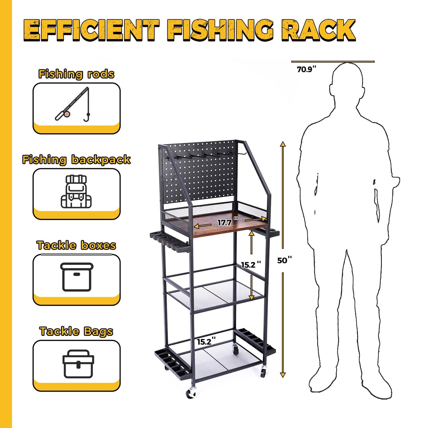SOYEEZE Fishing Rod Holders for Garage, Fishing Pole Holders Up to 12 Rods with Pegboard and Hooks,Rolling Fishing Cart with Wheels, Fishing Gear Storage For Tackle Box & Reel Organization