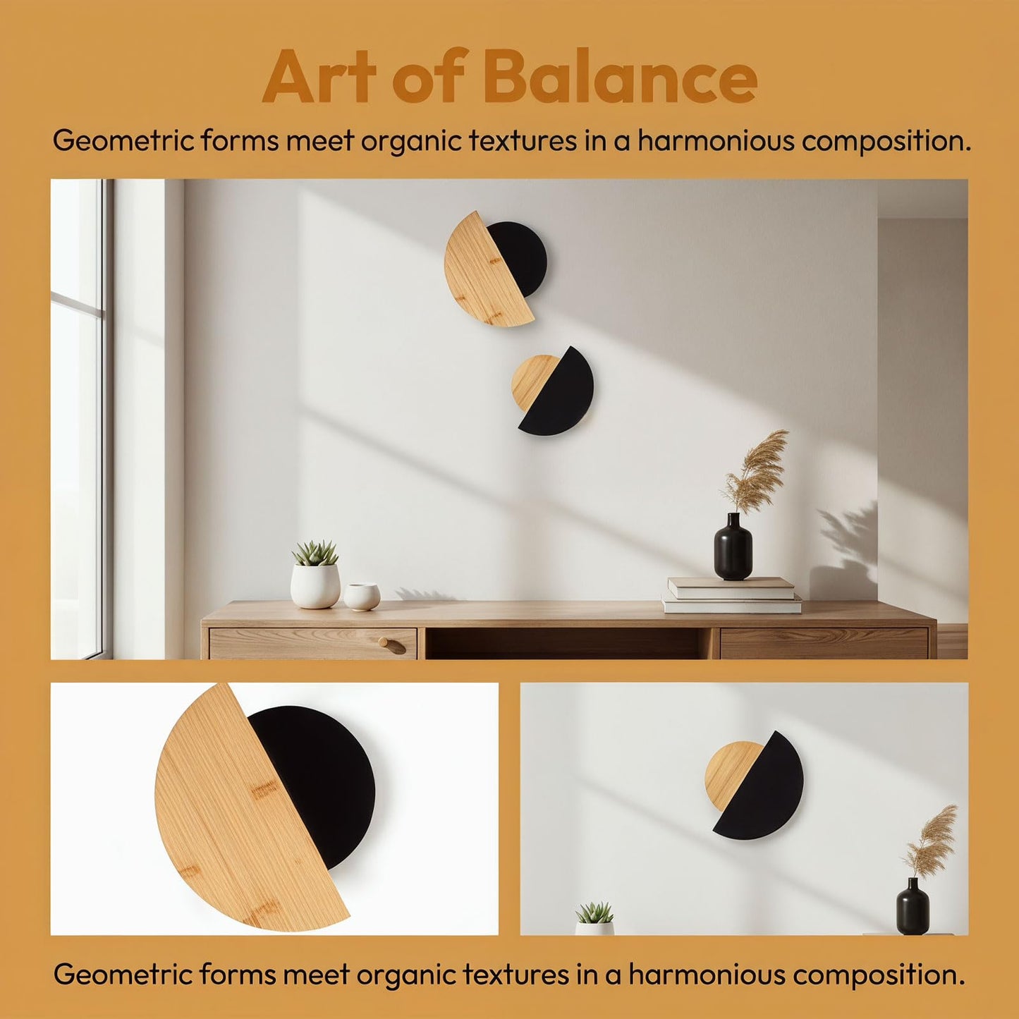 AIM & GGKK Bamboo Half Circle Wall Decor Set of 2 | Geometric Design | Black Matte & Natural Bamboo Semi Circle Wall Art | Minimalist Modern Wall Hanging for Living Room Bedroom