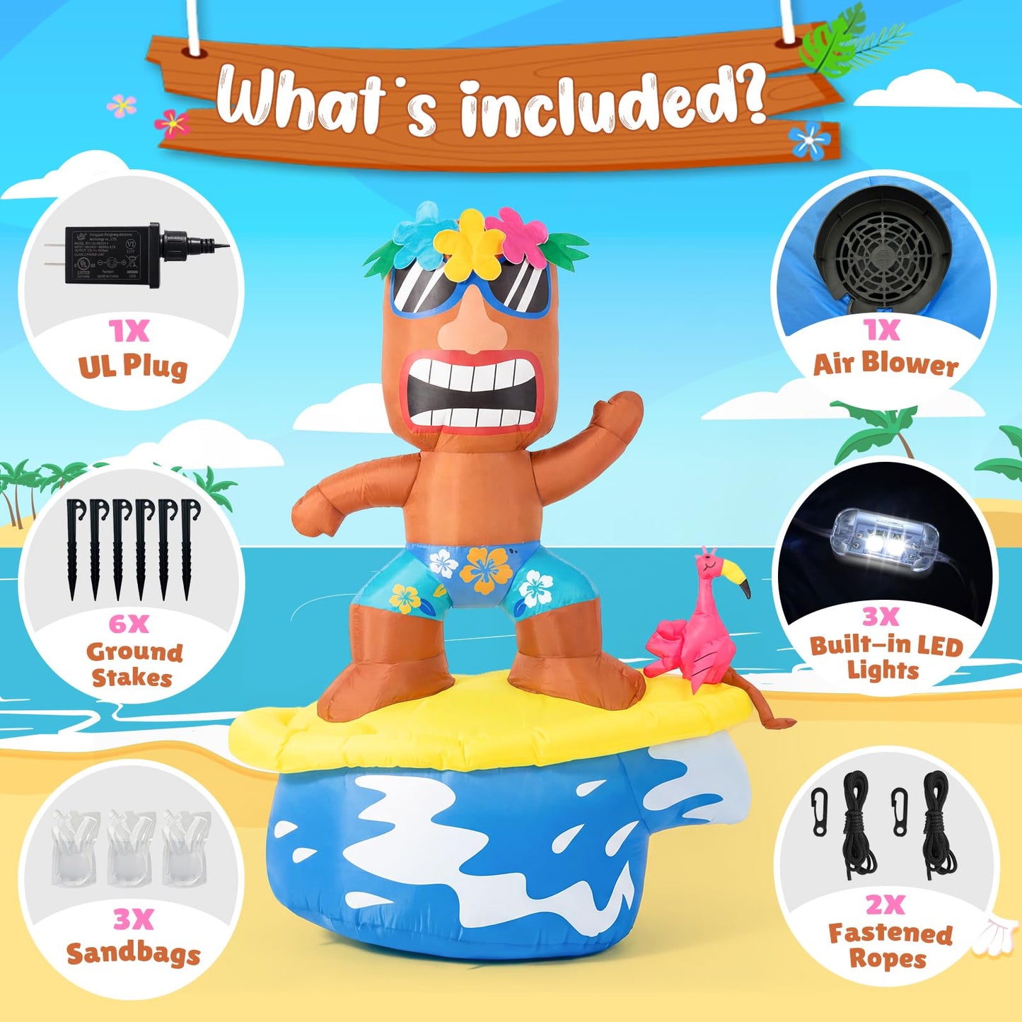 GUDELAK 5FT Flamingo Inflatable Tiki Surfboard Luau Party Decorations, Summer Inflatables Outdoor Decorations with LEDs and Blower, Tiki Blow Up Flamingo for Tropical Beach Pool Summer Yard Decor