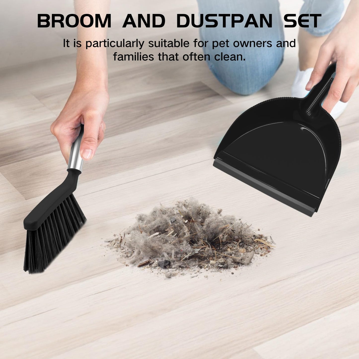 NACENA Mini Broom and Dustpan Set 2 Packs, Small Dust Pan and Brush Set with Handle Dustpan Teeth for Cleaning Hair Suitable for Office Desks Drawers Sofas Outdoor Camping, Black