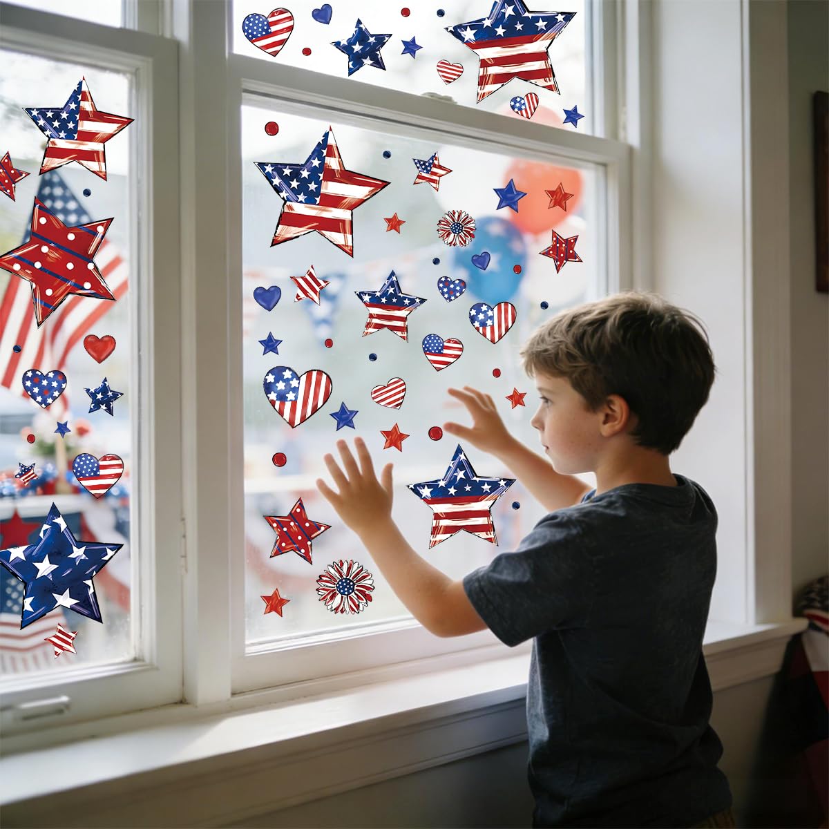 9 Sheets 4th of July Window Clings Decorations, 138PCS Patriotic Window Stickers Double-Sided Window Decals, Red White Blue Star Heart, USA Independence Day Memorial Day Decor for Home Office Glass