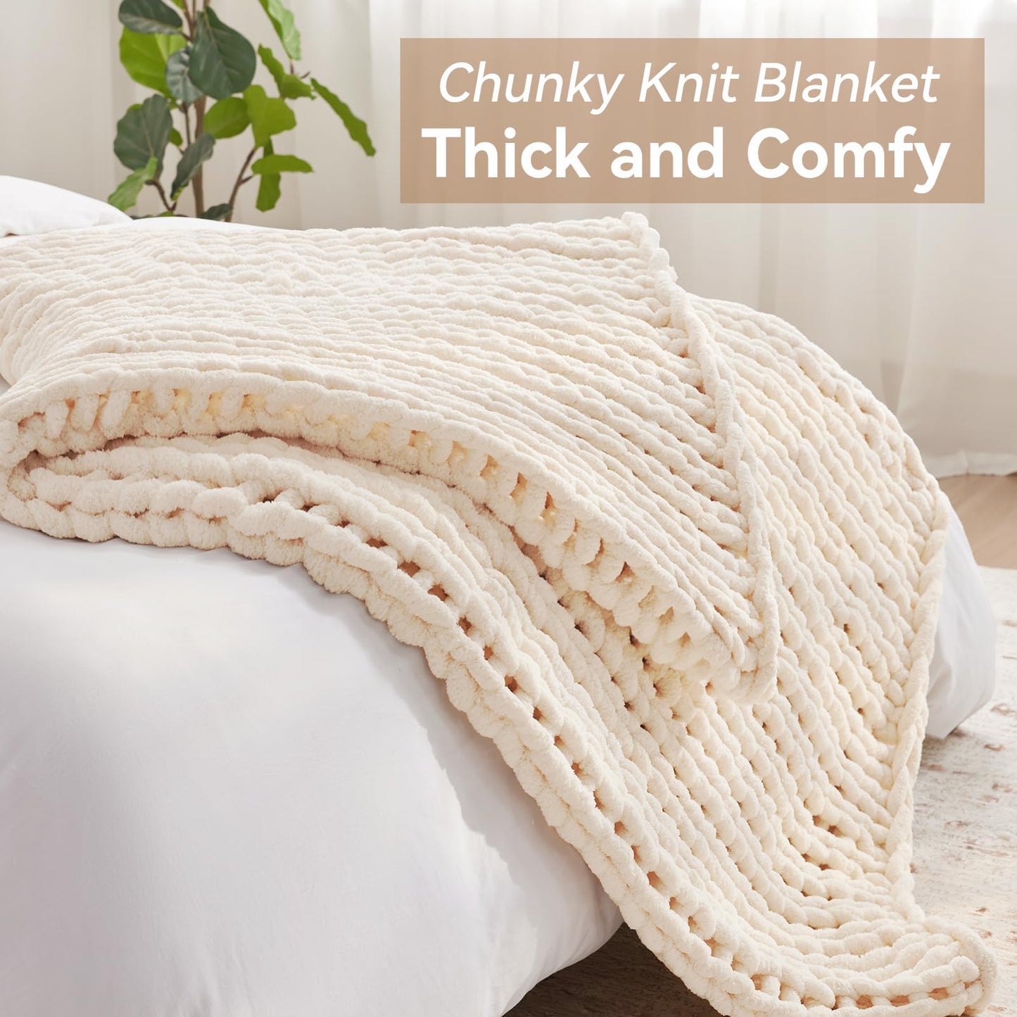 Negwoo Chunky Knit Throw Blanket, 50''*60'' Knitted Throw Chenille Yarn for Bed Couch, Handmade Cream Crochet Big Thick Blanket, Machine Washable Cute Comfy Blanket for Home Decor