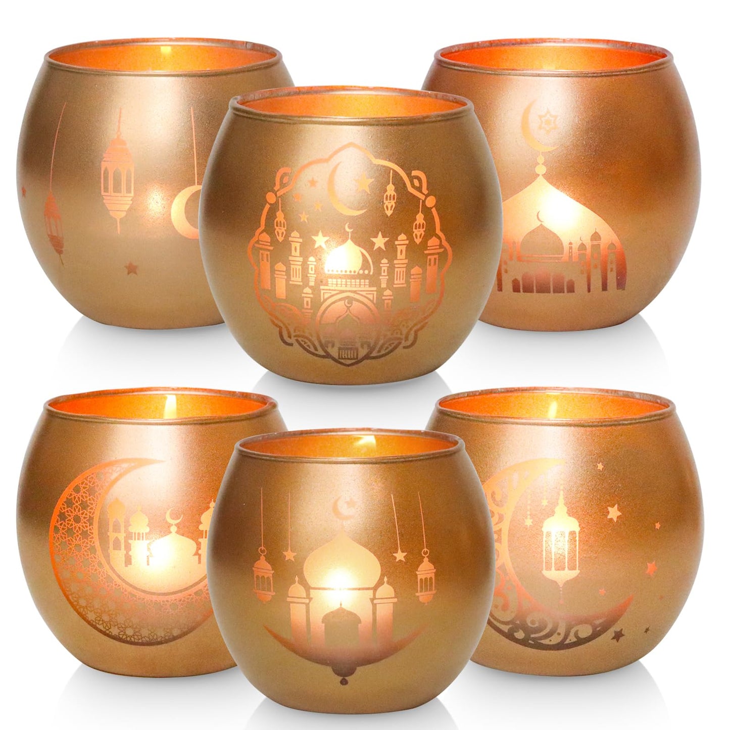 Gold Ramadan Decorations for Home Set of 6, Mosque & Crescent Moon Glass Tealight Candle Holders, Star & Lantern Votive Holders for Ramadan Table Decor, Elegant Eid Mubarak Islamic Gifts