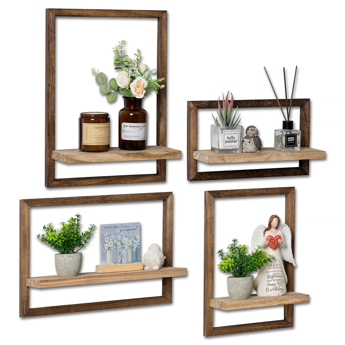 Walasis 4-Piece Wood Wall Shelves for Bedroom Farmhouse - Rustic Floating Shelf Decorative Storage Shelving Wall Mounted Decor with Frame for Living Room