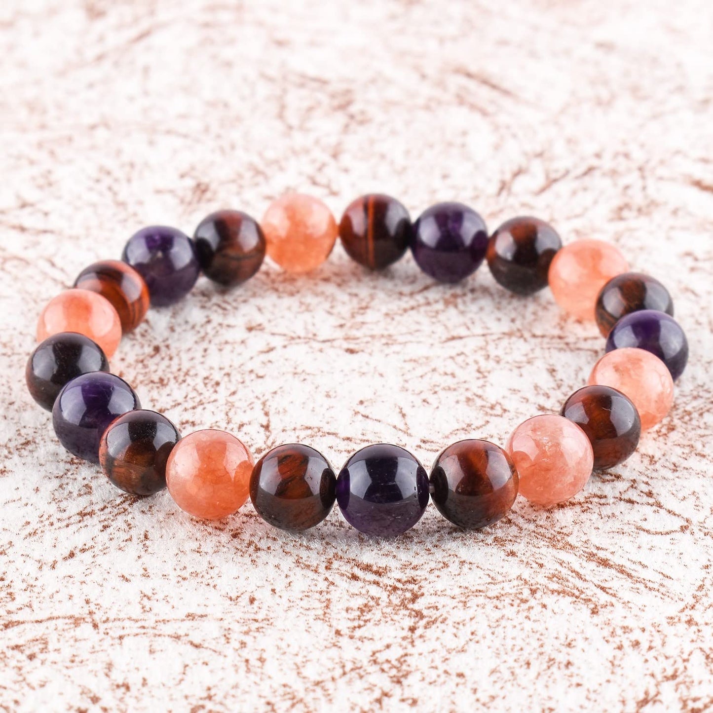 OdrillionGems Triple Crystal Healing Bracelet - Sunstone - Red Tiger's Eye - Amethyst Handmade Bracelet Stretchable Genuine Round Beaded 10mm Unisex Jewelry Chakra Stones - Yoga - Energy - Spiritual