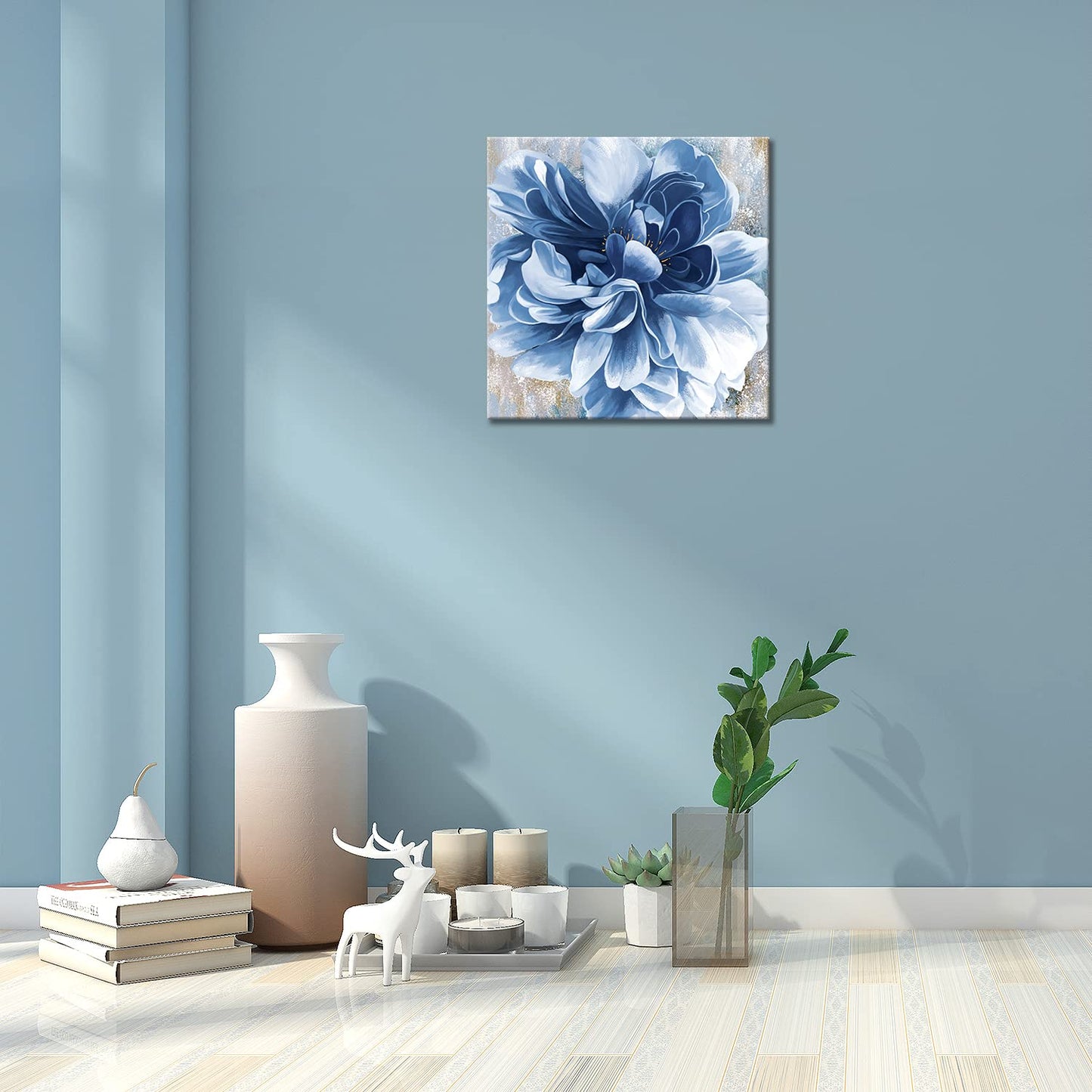 Blue Flower Wall Art,Navy Blue Floral Canvas Print Nature Scenery Wall Art for Living Room Bedroom Wall Painting Decoration Modern Artwork
