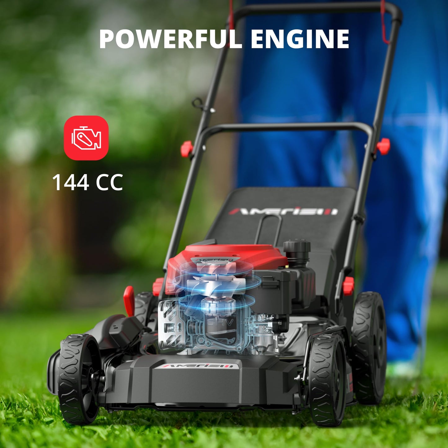AMERISUN 21-Inch 3IN1 Gas Push Lawn Mower, 144cc 4-Cycle OHV Engine, Mulch/Bag/Side Discharge, 6-Position Height Adjustment, Steel Deck Walk-Behind Mower for Small to Medium Yards