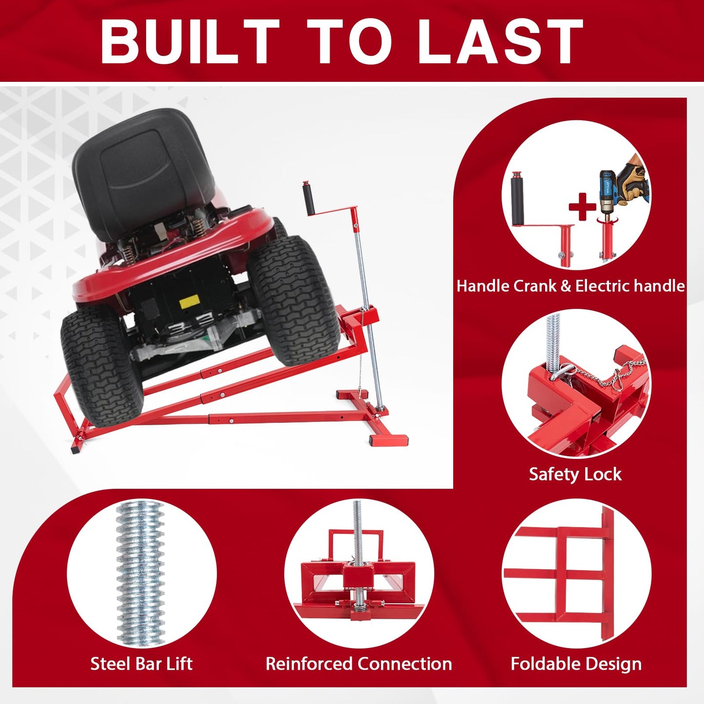 Upgraded Lawn Mower Lift Jack for Riding Lawn Mowers & Garden Tractors, Telescopic Maintenance Lawn Mower Jack Mower Lift with Manual Handle & Power Tool Extension Handle, Weight Capacity 880 Lbs