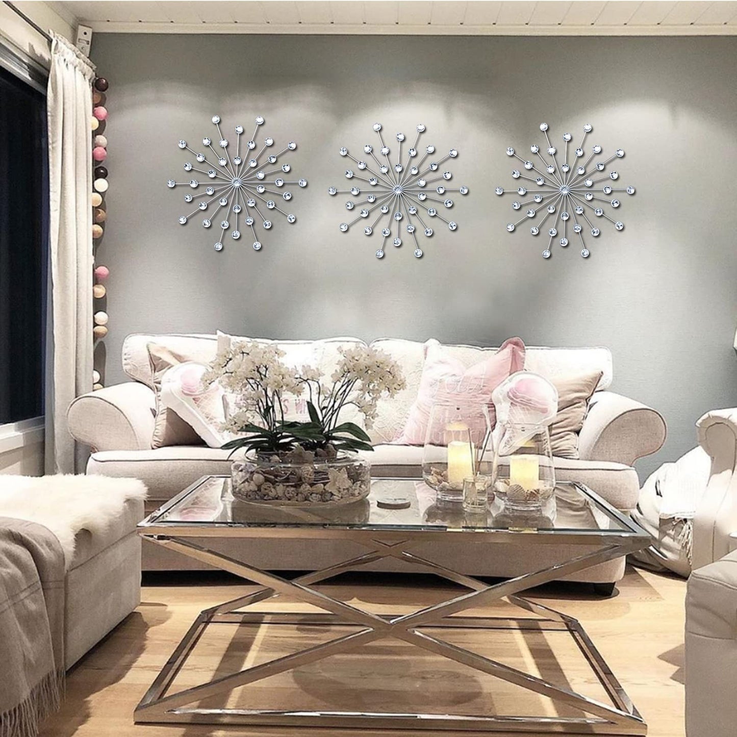 ZEXUIRU 3 Pack Silver Sunburst Wall Decor – Metal Crystal Wall Art with Sparkling Rhinestones, 14’’/18 Inch Starburst Wall Hanging Set for Living Room Bedroom Bathroom – Modern Bling Home Decorations