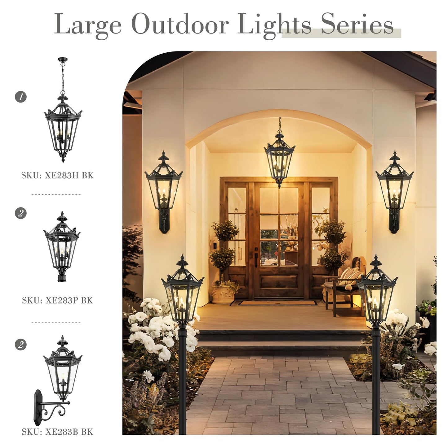 Emliviar 32 Inch Outdoor Front Door Hanging Light, Farmhouse Exterior Pendant Lantern Waterproof Ceiling Mount with Seeded Glass, Black Finish, XE283H BK
