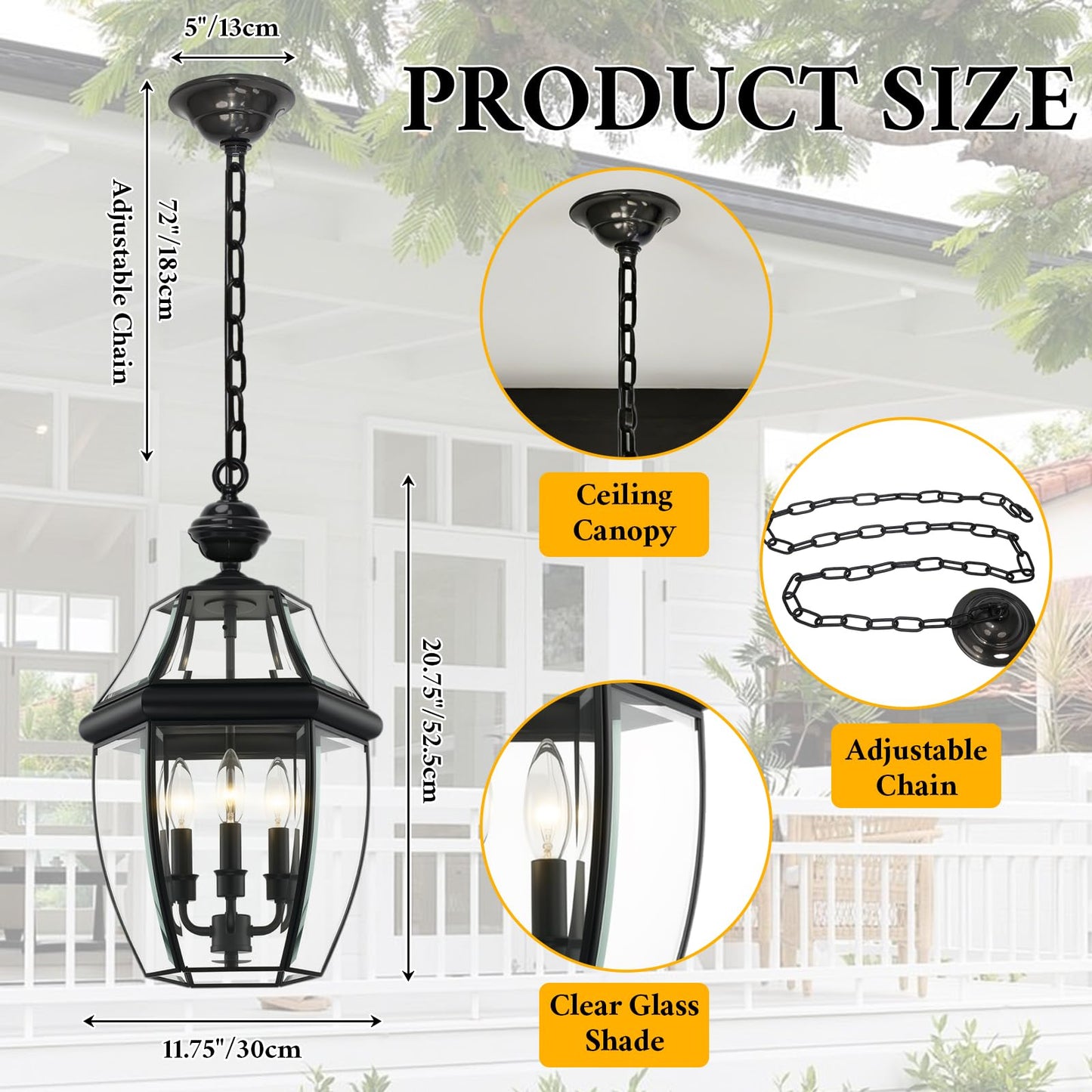 LALXUIEYC 3-Lights Outdoor Pendant Lantern Fixture, 20 Inch Large Modern Porch Light, Black Waterproof Hanging Chandelier with Clear Glass for Front Door, Patio, Gazebo, Entrance
