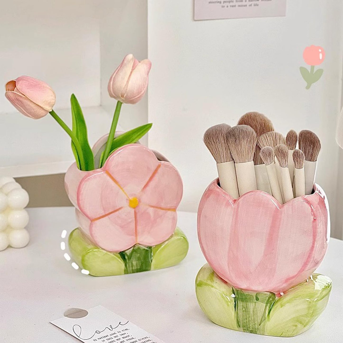 Busnos Pink Makeup Brush Holder Pen Holder for Office Desk Accessories Aesthetic Pencil Holder Cute Flower Home Decor Birthday Gifts for Women Vanity Toothbrush Holder Kawaii Kitchen Utensil Holder