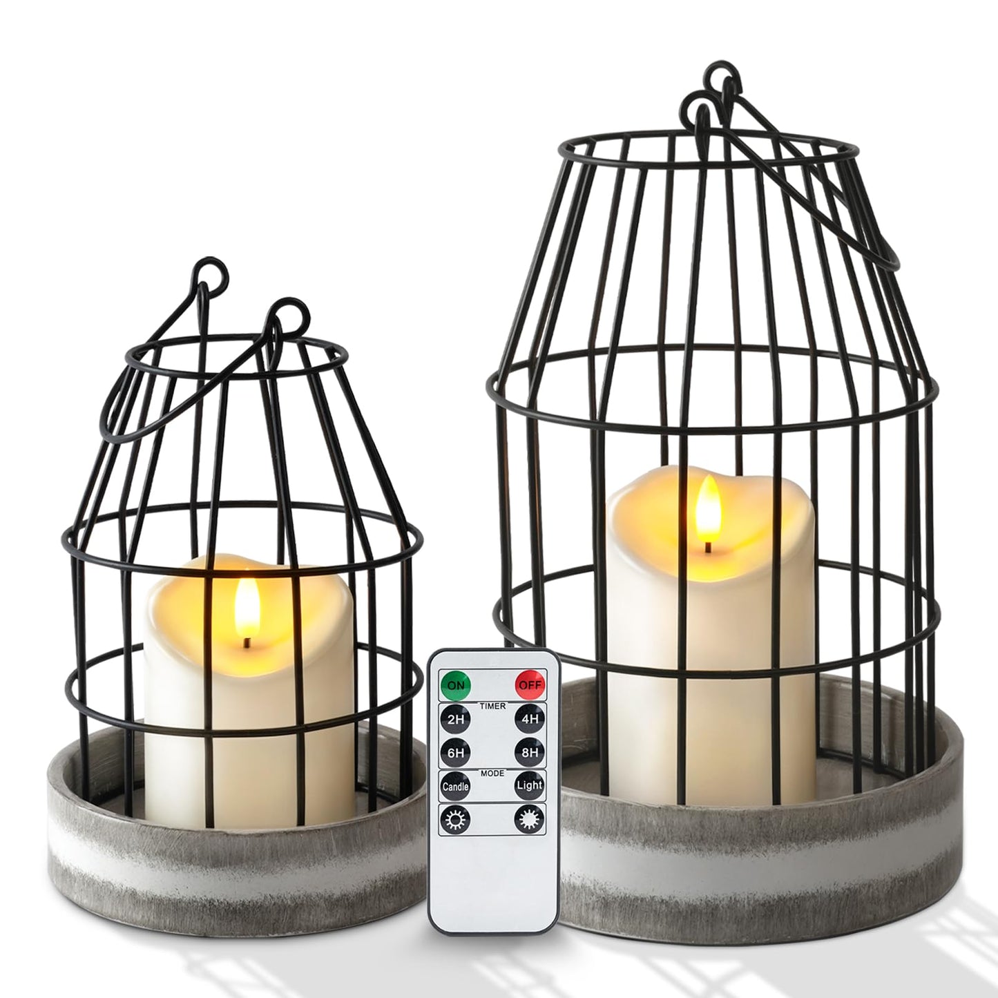 Homemory Rustic Farmhouse Lantern Decor with Flameless Candle & Remote Timer, 2PCS Stylish Metal Candle Holder Home Decorations for Fireplace Mantle Kitchen Dining Table Living Room