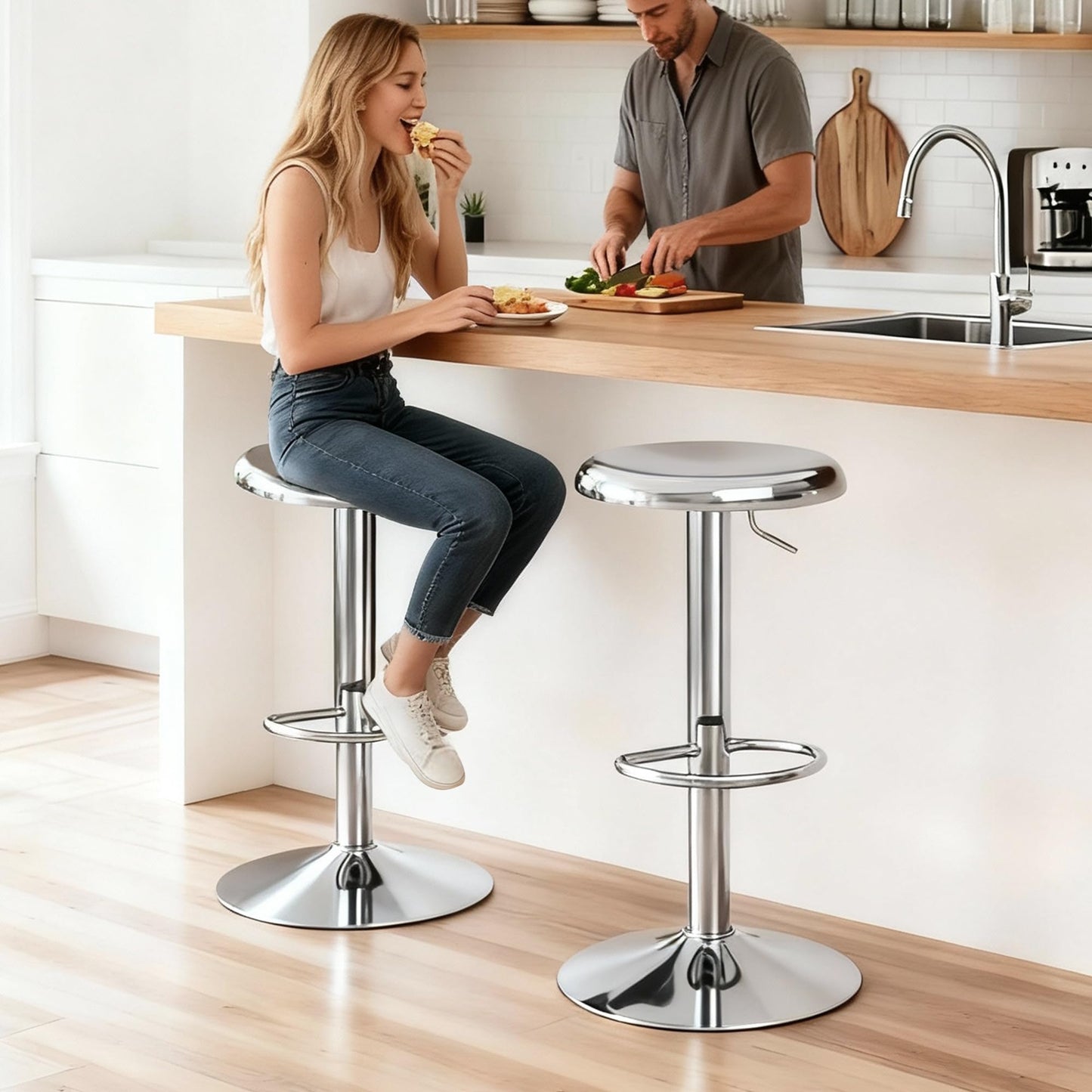 CAROLMADE Bar Stools Set of 2, Adjustable Metal Bar stools Swivel Counter Height Stool Backless Barstools for Kitchen Island Pub, Chrome