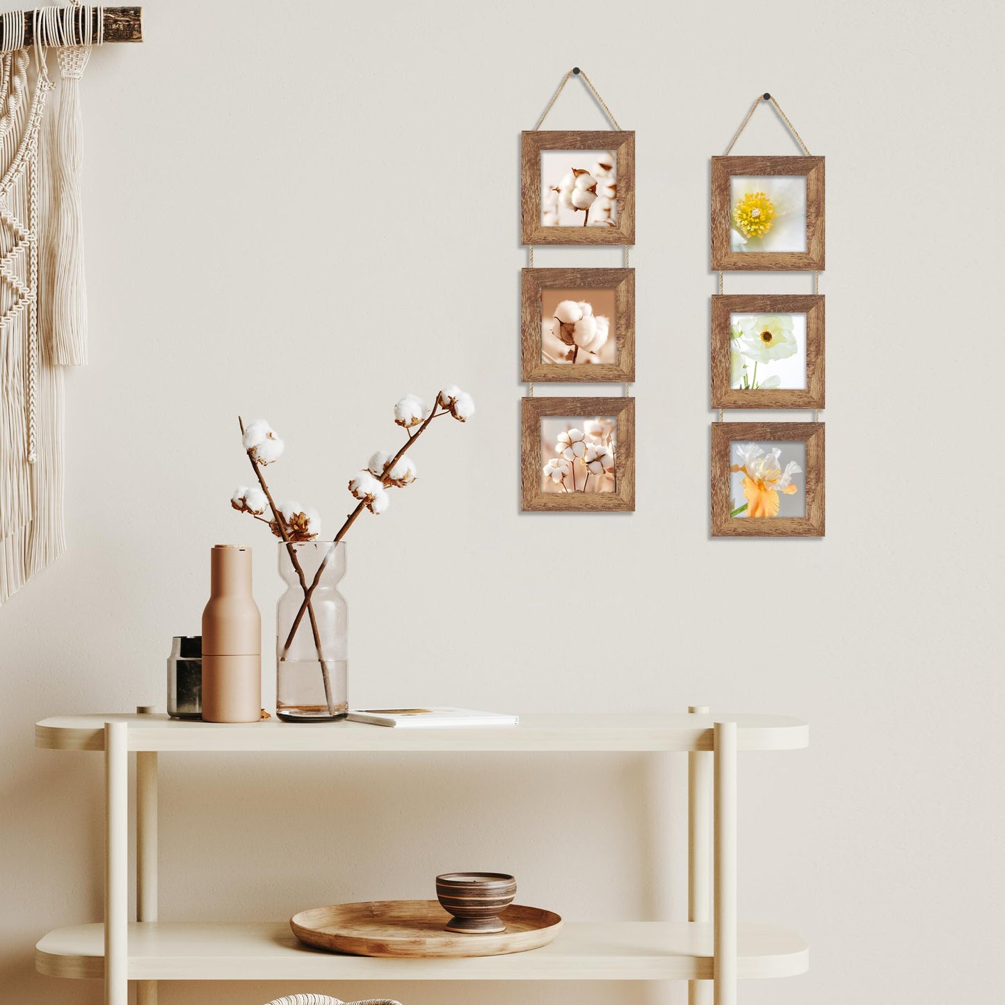 ccdcc 4x4 Collage Picture Frames Set of 2, Rustic Wooden Real Glass Vertical Hanging 3 Opening 4 by 4 Photo Frame, Rustic Brown