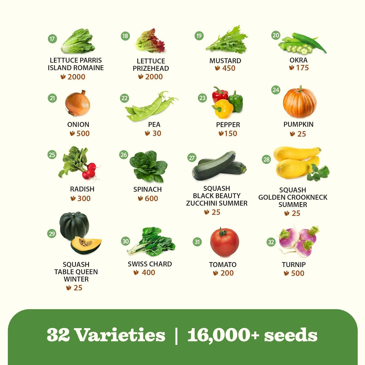 32 Heirloom Vegetable and Fruit Seeds for Planting - 16,000+ Seeds | Non-GMO Survival Seed Vault | High Germination | 32 Varieties of Vegetable Seeds for Your Home Survival Garden