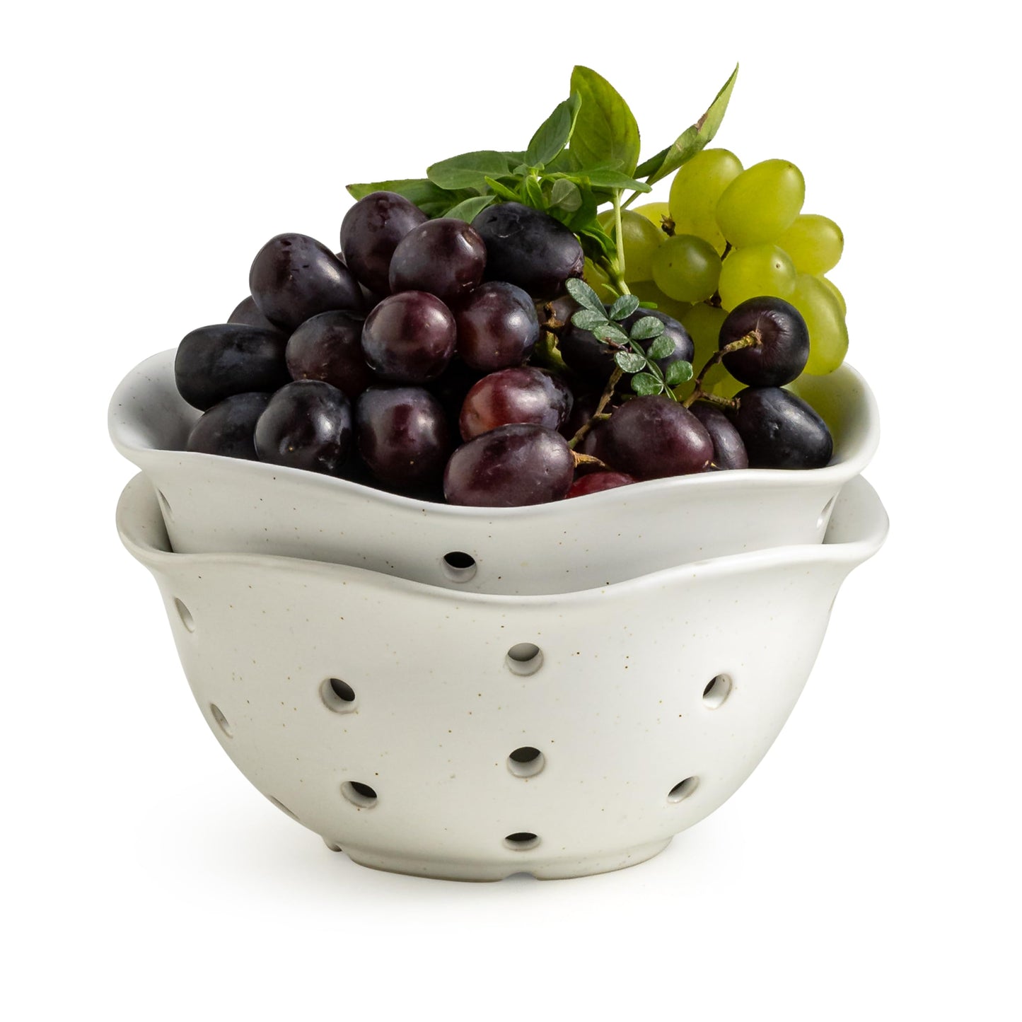 Gomakren Ceramic Berry Basket Set of 2, Rustic Fruit Basket Container 6 Inch, Fruit Bowl with Holes for Kitchen, Berries, Strawberry, Grape, Cherry, Floral Shape - Cream White