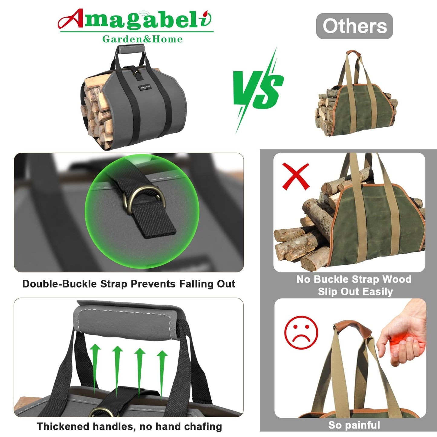 Amagabeli Firewood Carrier Waxed Canvas Log Tote Carrying Bag Heavy Duty Fire Large Wood Fireplace Carrier Bag with Handles for Camping Firewood Log Holder Wood Sling Cabin Stove Accessories Grey
