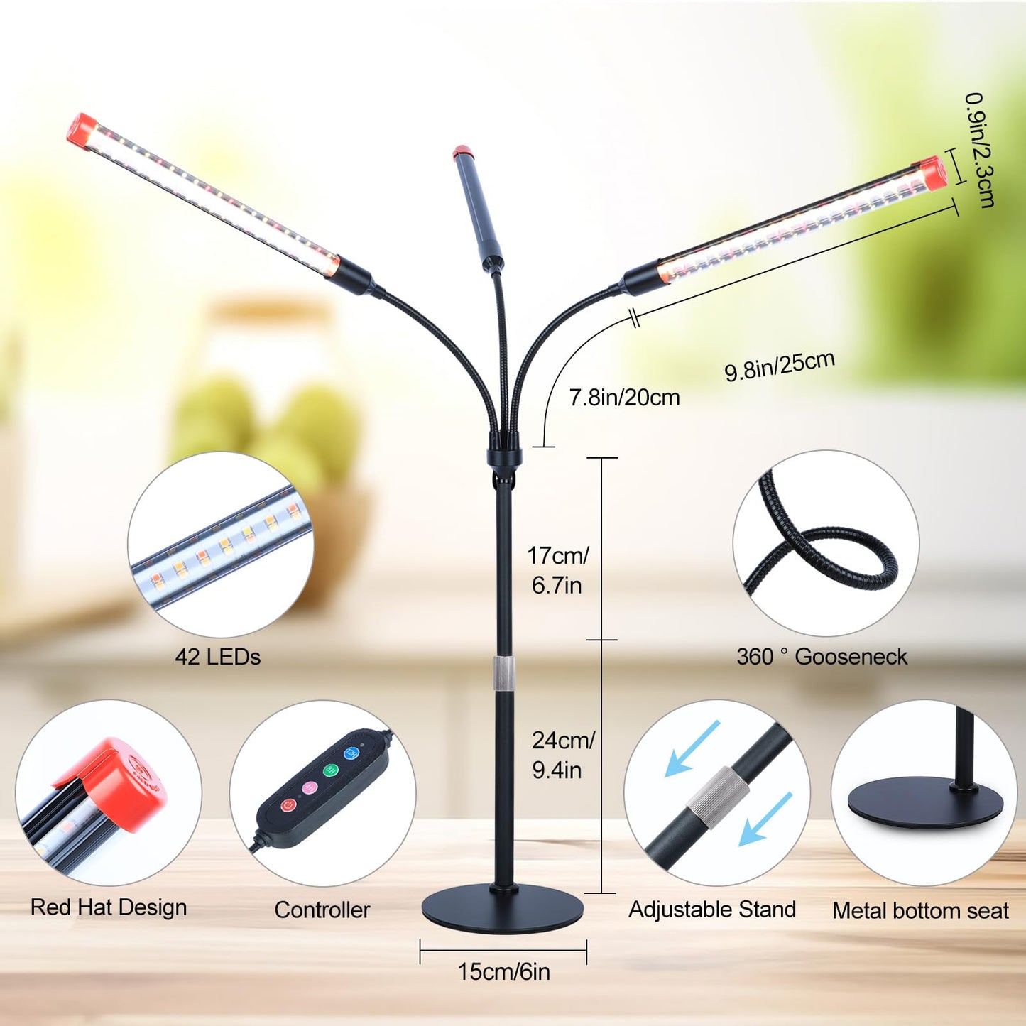 FECiDA 2026 3Head Table Top Grow Lights for Seed Starting, Indoor Plants, Bonsai, 27 Watt Power Draw, NO Need Adapter, 4/8/12/16/20H Timer, 16"-24" Height Adjustable