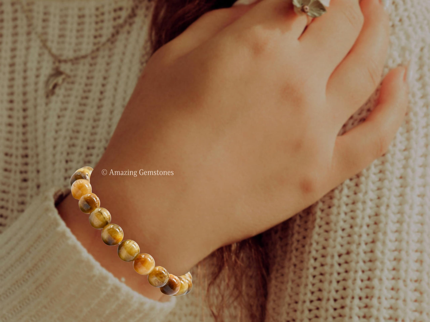 Amazing Gemstone Crystal Bracelet for Women Men's Gifts - Protection Healing Crystal Bracelet - 8mm Gemstone Beaded Stretchable Bracelet Pulseras Para Hombres Mujer Stocking Stuffers Mothers Day Gift (Yellow Cat's Eye)