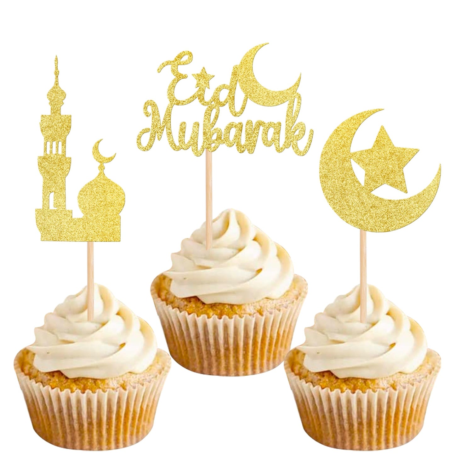 24 PCS Eid Mubarak Cupcake Toppers Gold Glitter Moon Star Ramadan Kareem Cupcake Picks for Eid Islamic Muslim Theme Party Cake Decorations Supplies