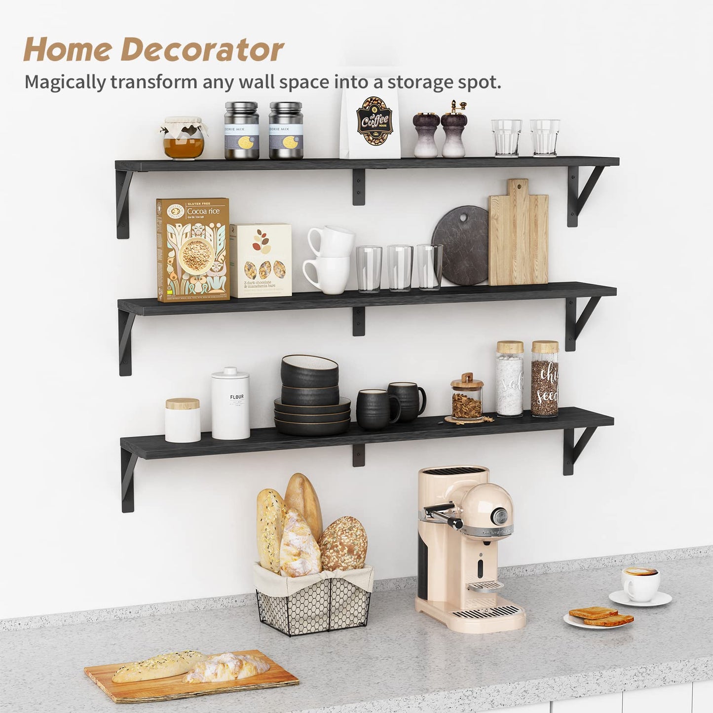 Forbena Floating Shelves 36 Inches Long 8 in Deep Set of 3, Large Wall Shelf for Bedroom Books, Heavy Duty Wide Wall Shelving for Living Room Office Kitchen Closet Organizers and Storage (Black)
