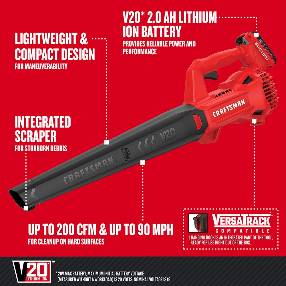 CRAFTSMAN 20V MAX Cordless Leaf Blower with Battery and Charger, Hard Surface Electric Leaf Blower,Powerful up to 90 MPH, Red (CMCBL710D1)