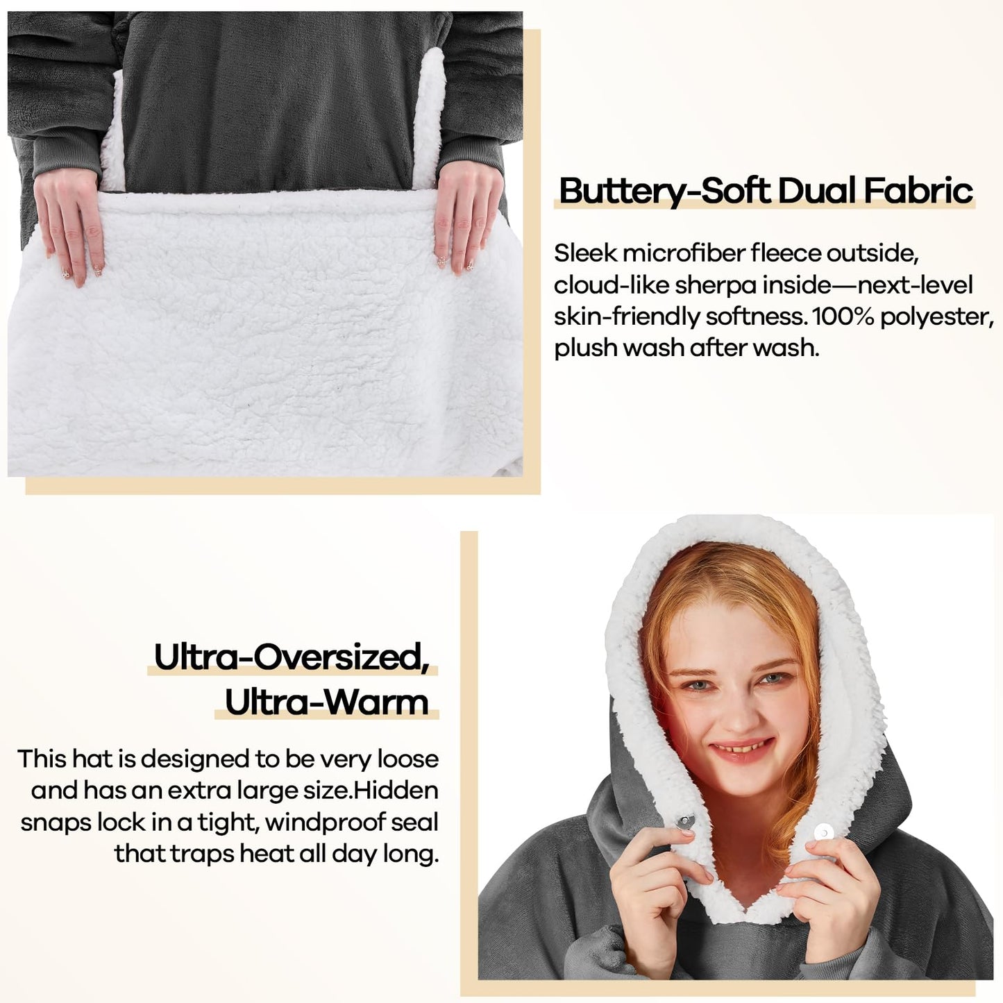 yescool Wearable Blanket Hoodie - Birthday Gifts for Women Mom Girlfriend, Oversized Flannel Sherpa Cozy Hooded Blanket Sweatshirt Adult With Hood Pocket & Sleeves, One Size Fits All (Grey)