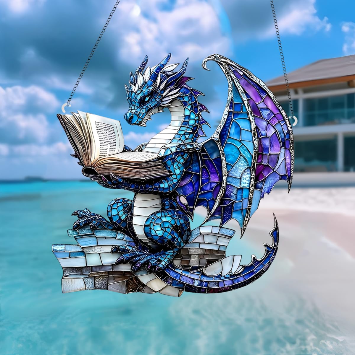 1PC Blue Dragon Reading Acrylic Suncatcher Hanging, 7.08 inch Window Decor with Printed Stained Glass Style Design, Rainbow Maker Wall Art, Gift Idea & Garden Ornament Indoor Outdoor Use/DW-17