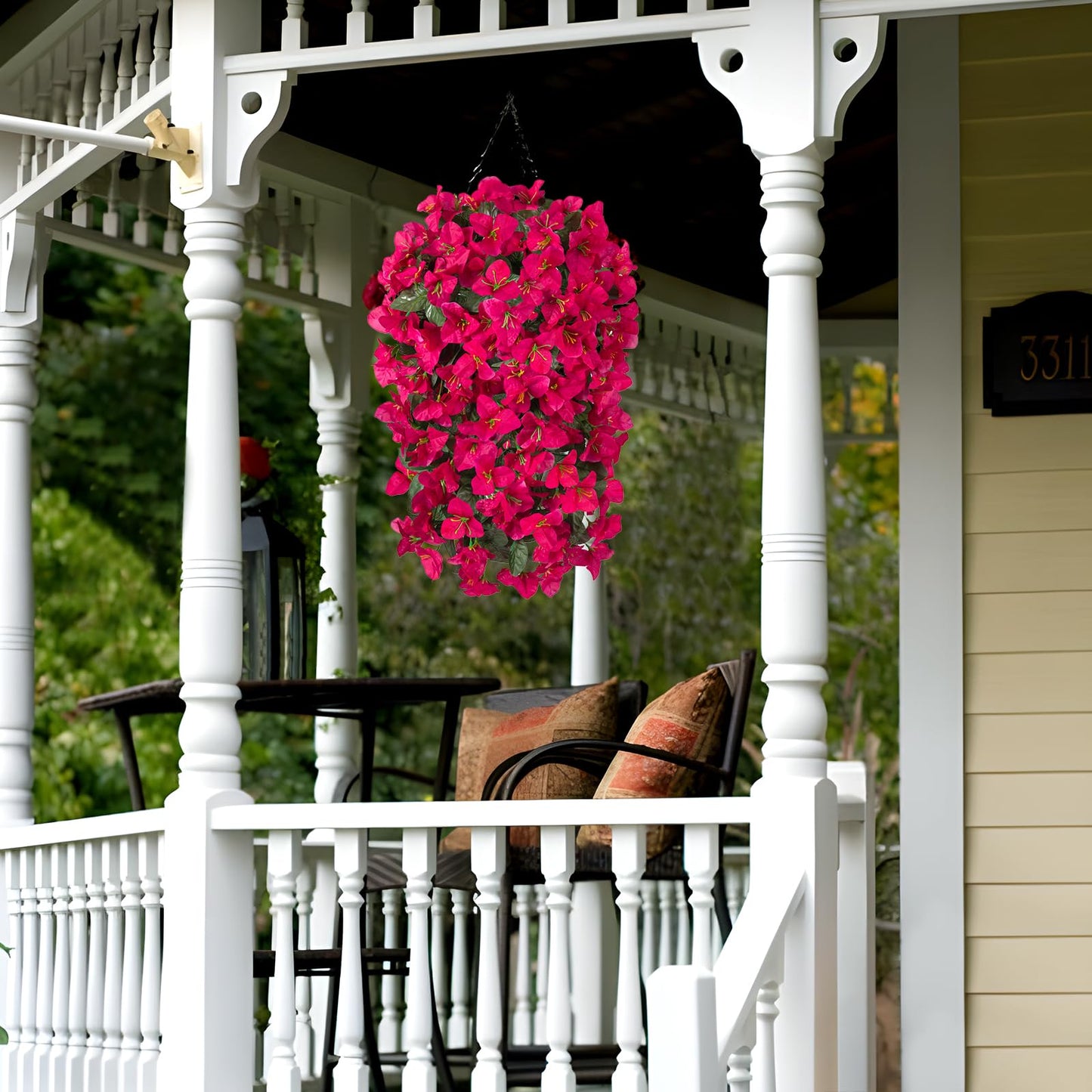 INXUGAO 2 pcs Artificial Faux Bougainvillea Flowers Plants for Outdoor Outside Summer Decoration, Fake Silk UV Resistant Long Trailing Vines for Front Door Porch Planter Balcony (Purple Rose Red)
