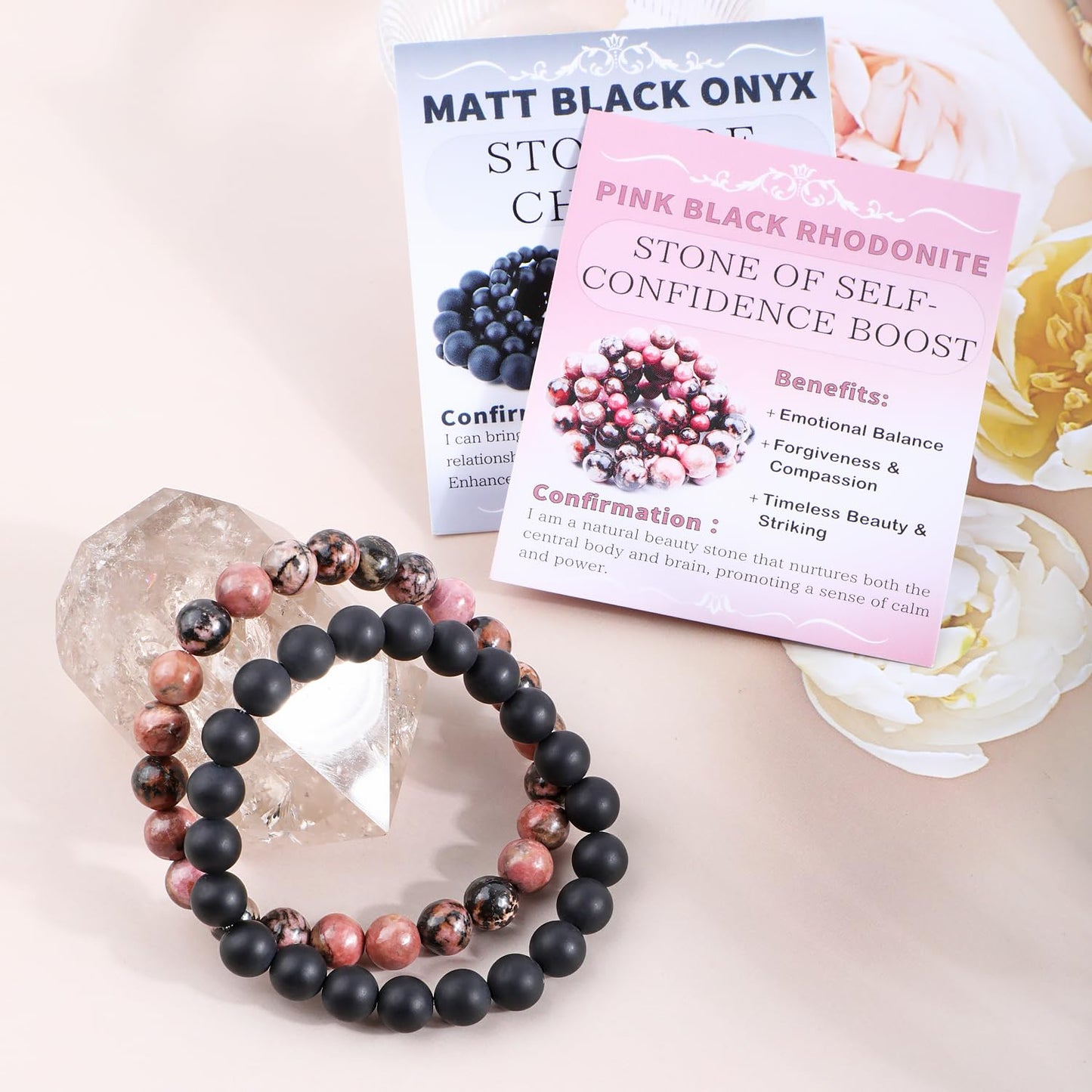 NCB 2-Piece 8mm Natural Crystal Gemstone Stretch Bracelets – ﻿Pink Black Rhodonite, Matte Black Agate Handmade Reiki Energy Healing Jewelry for Meditation,Yoga, Unisex