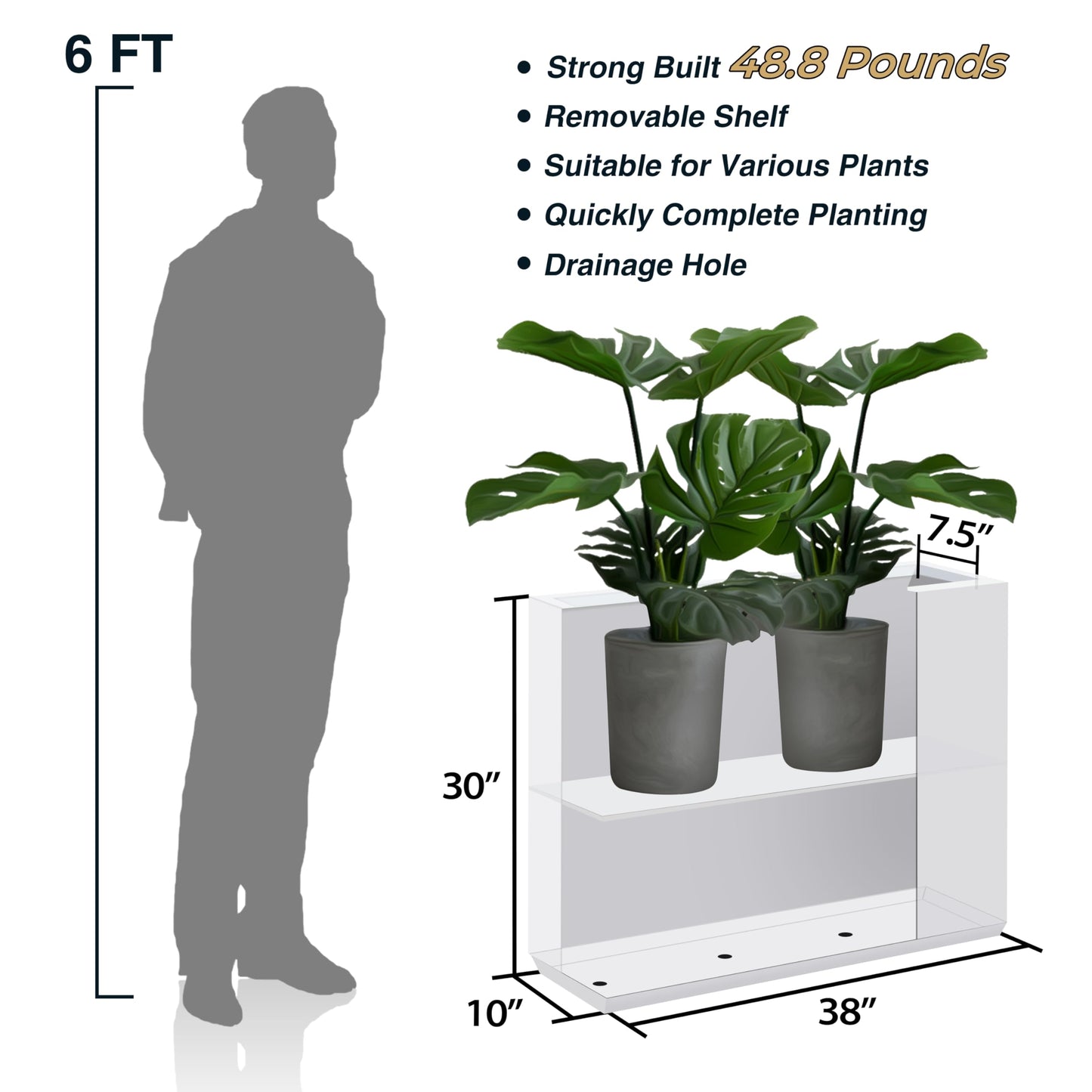 Wallowa Metallic Heavy Outdoor Span Planter Box, Large Flower Pot, Long and Tall Divider Planters, 38Lx10Wx30H, White, Seamless and No Assembly 48.8 Pounds