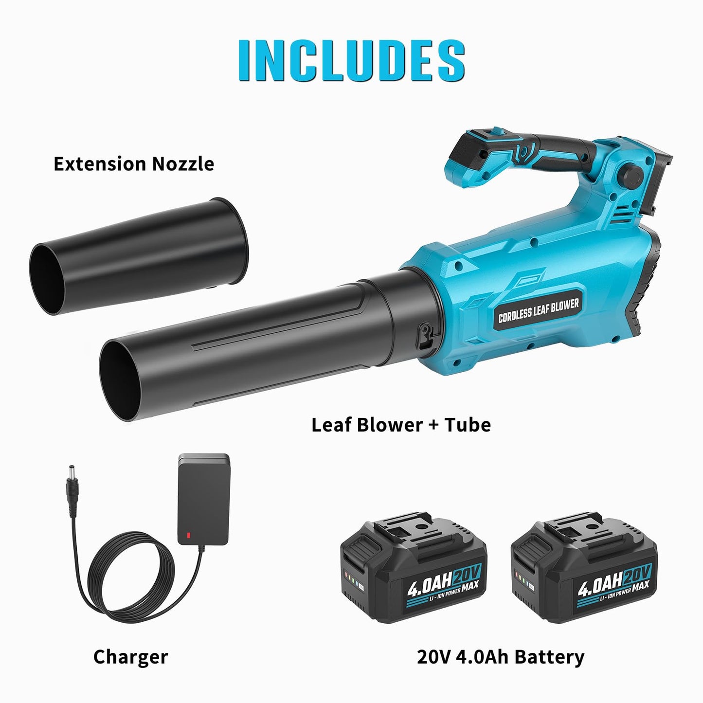 VERVEWAVE Leaf Blower Cordless, 20V Electric Blower with 2 X 4.0Ah Battery & Charger, 450-CFM 150-MPH Turbo Jet Blower with Adjustable Angle Handle, for Lawn Care, Garden, Yard