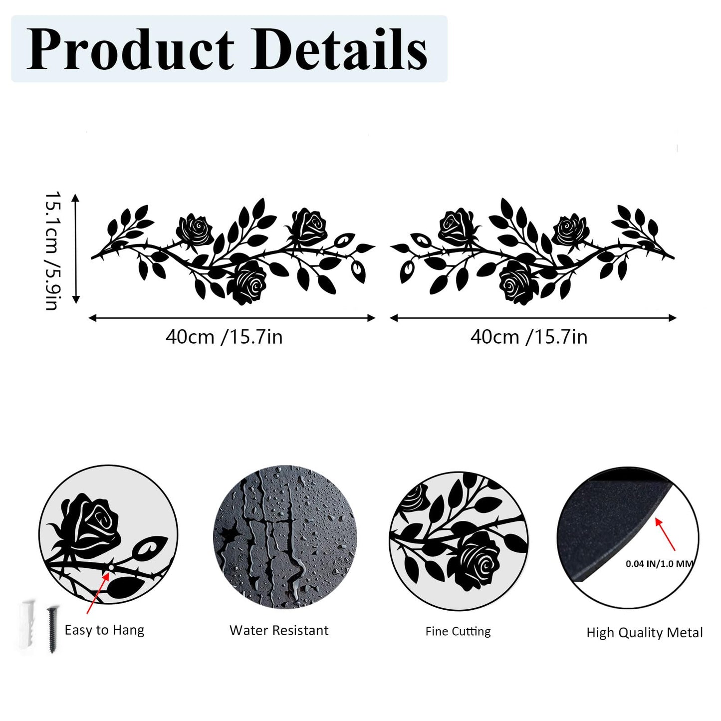 DUOOLN 2 Pcs Metal Rose Tree Leaf Wall Decor, Long Iron Scroll Vine Wall Art, Rustic Hanging Sign Flowers Sculpture, For Above Door Living Room Office Indoor And Outdoor Decoration - Black