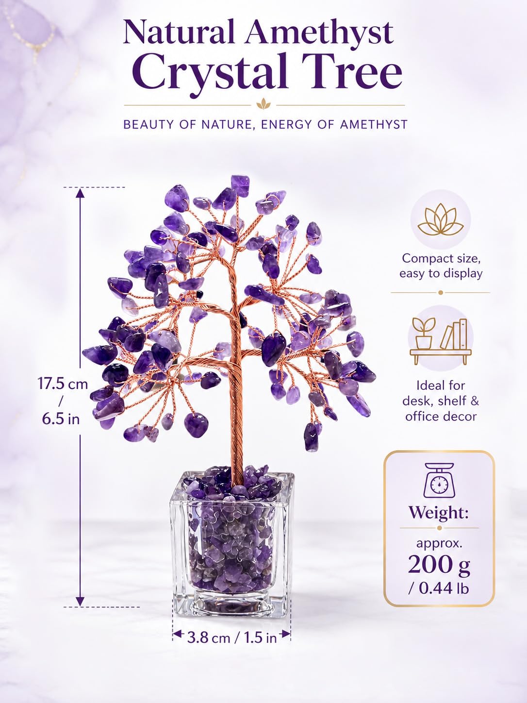 RJVZUKL Natural Amethyst Crystal Tree of Life, Purple Money Tree with Clear Acrylic Base, Handmade Copper Wire Bonsai, Feng Shui Desk Decor, Good Luck Gifts for Women Mom Sister