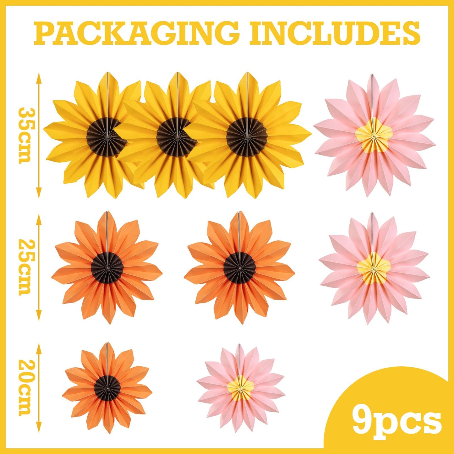 PAPER JAZZ Sunflower Party Decorations: 9 Sunflower Paper Fans & Flower Garlands, Summer Orange Pink Sunflowers, Wedding & Baby Shower Decor