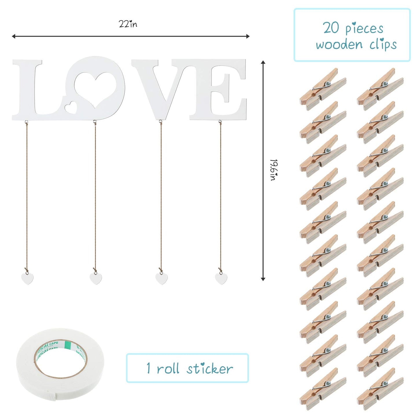 Chuangdi Valentine Picture Frames Love Hanging Photo Display Wall Decor with Clips String Picture Hanger Heart Design Decorative Organizer Display for Home Bedroom Living Room Decoration (White)