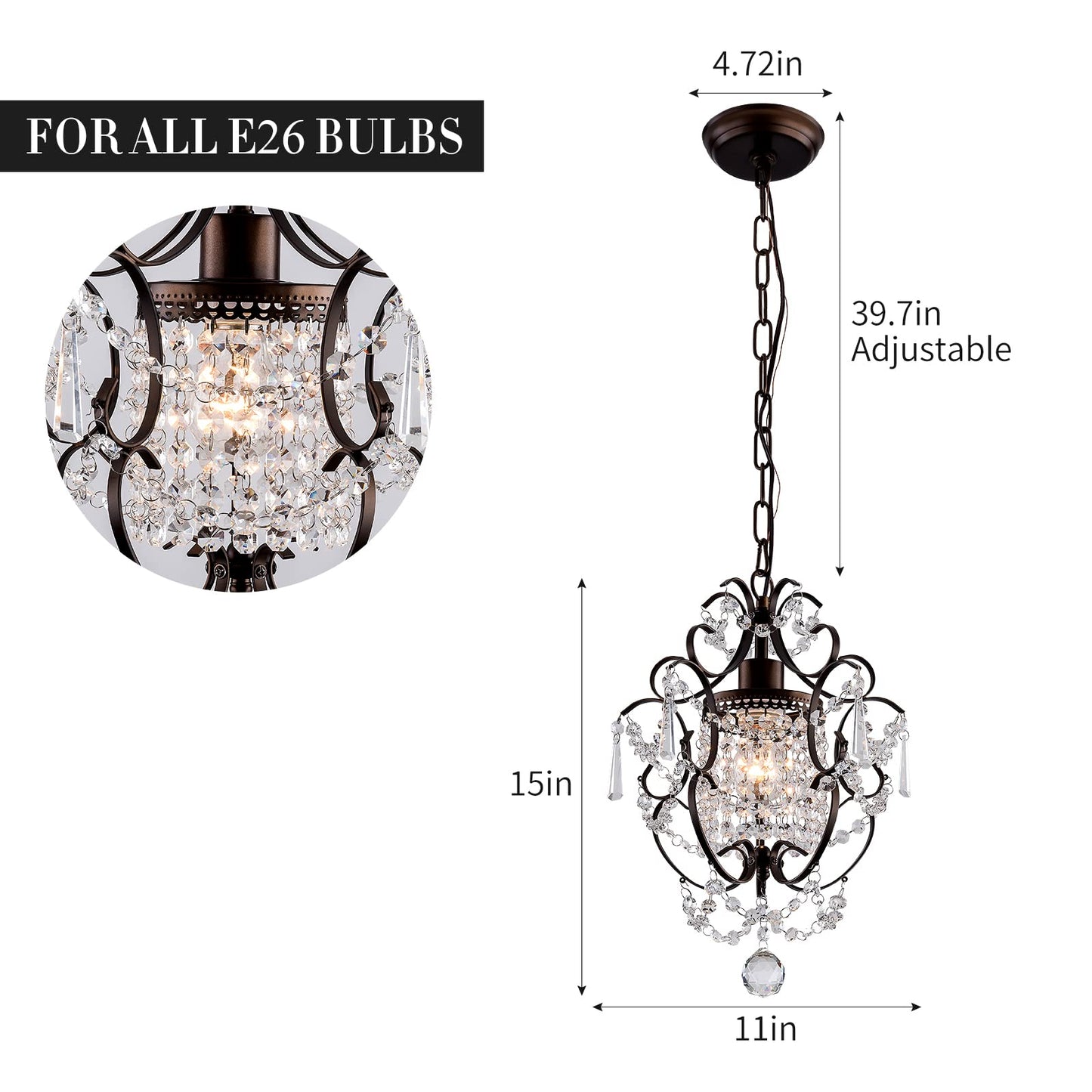 FLSFU Modern Mini Crystal Chandelier,Iron Bronze Crystal Light Fixtures Ceiling Mount 1 Light Small Chandeliers for Bedroom Elegant Hanging Lighting for Girls Room Dining Room Closet Kitchen Island