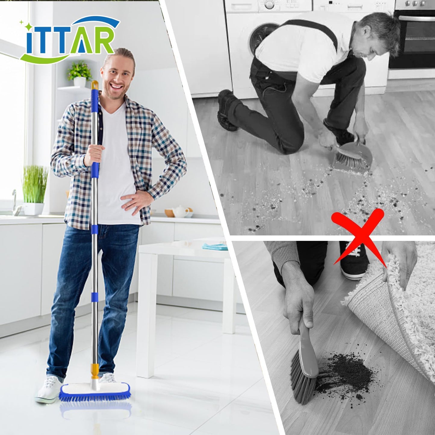 ITTAR 55" Extendable Floor Scrub Brush, 12" Wide Heavy-Duty 2-in-1 Scrub & Squeegee Deck Brush for Tile Grout Shower Floor, Kitchen, Restaurant, Patio & Garage Cleaning